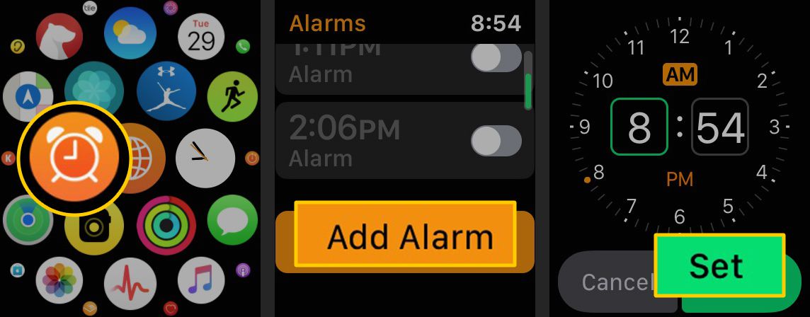 Ikona budíku, tlačítko Přidat budík, tlačítko Nastavit na Apple Watch