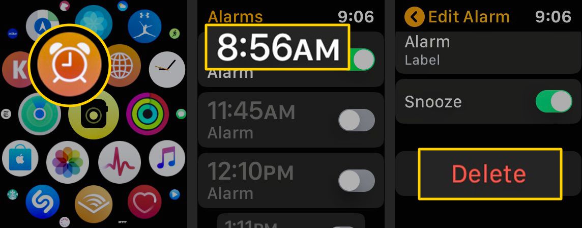 Ikona alarmu, Alarm k odstranění, Tlačítko Odstranit na Apple Watch