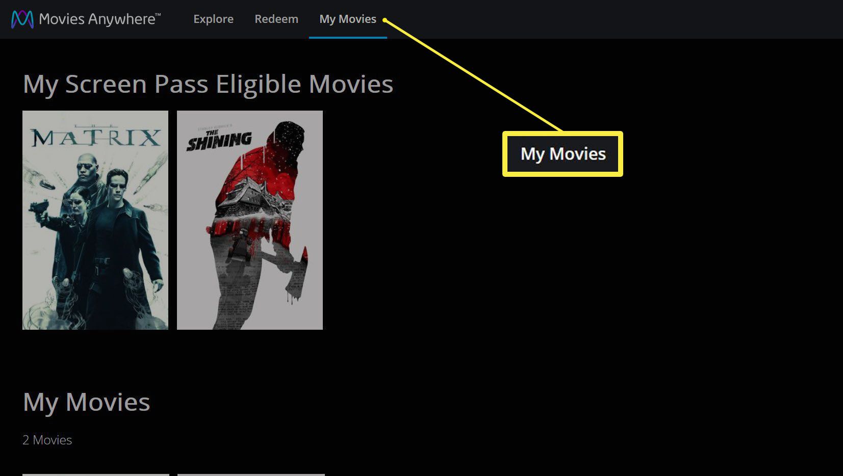 Web Movies Anywhere se zvýrazněným tlačítkem Moje filmy.