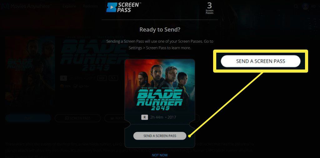 Web Movies Anywhere se zvýrazněným tlačítkem Odeslat průchod obrazovky.