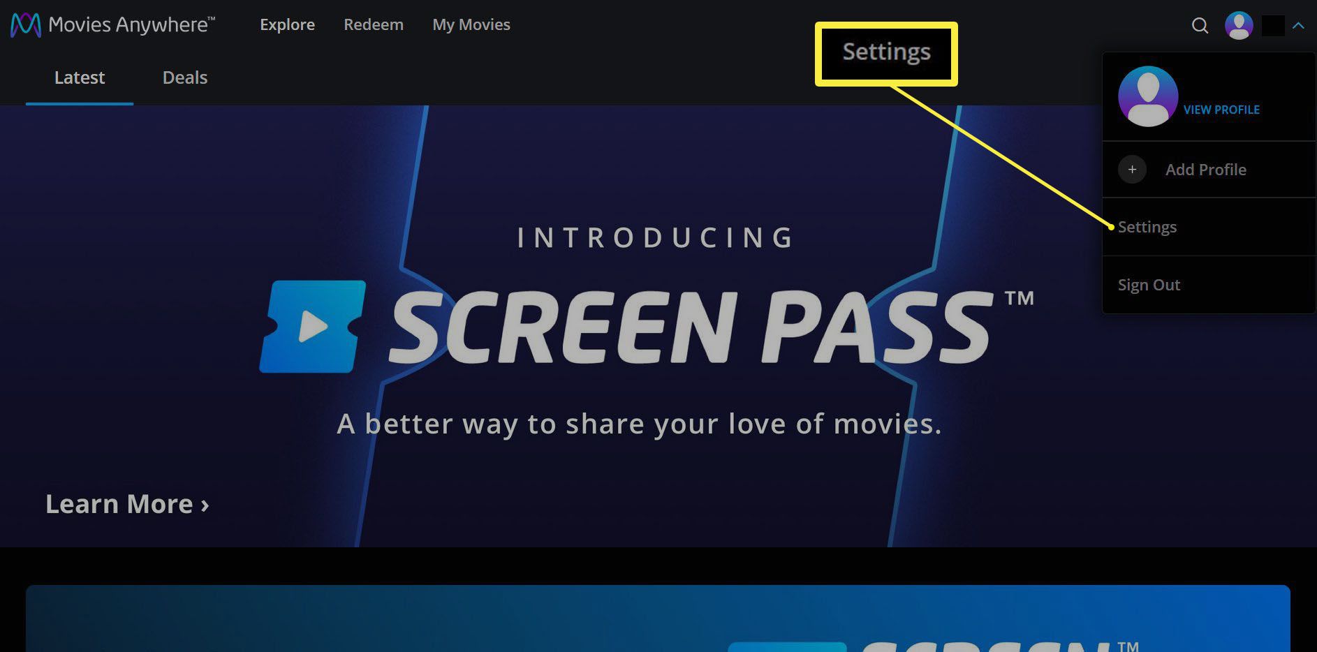 Položka nabídky Nastavení zvýrazněná na webu Movies Anywhere.