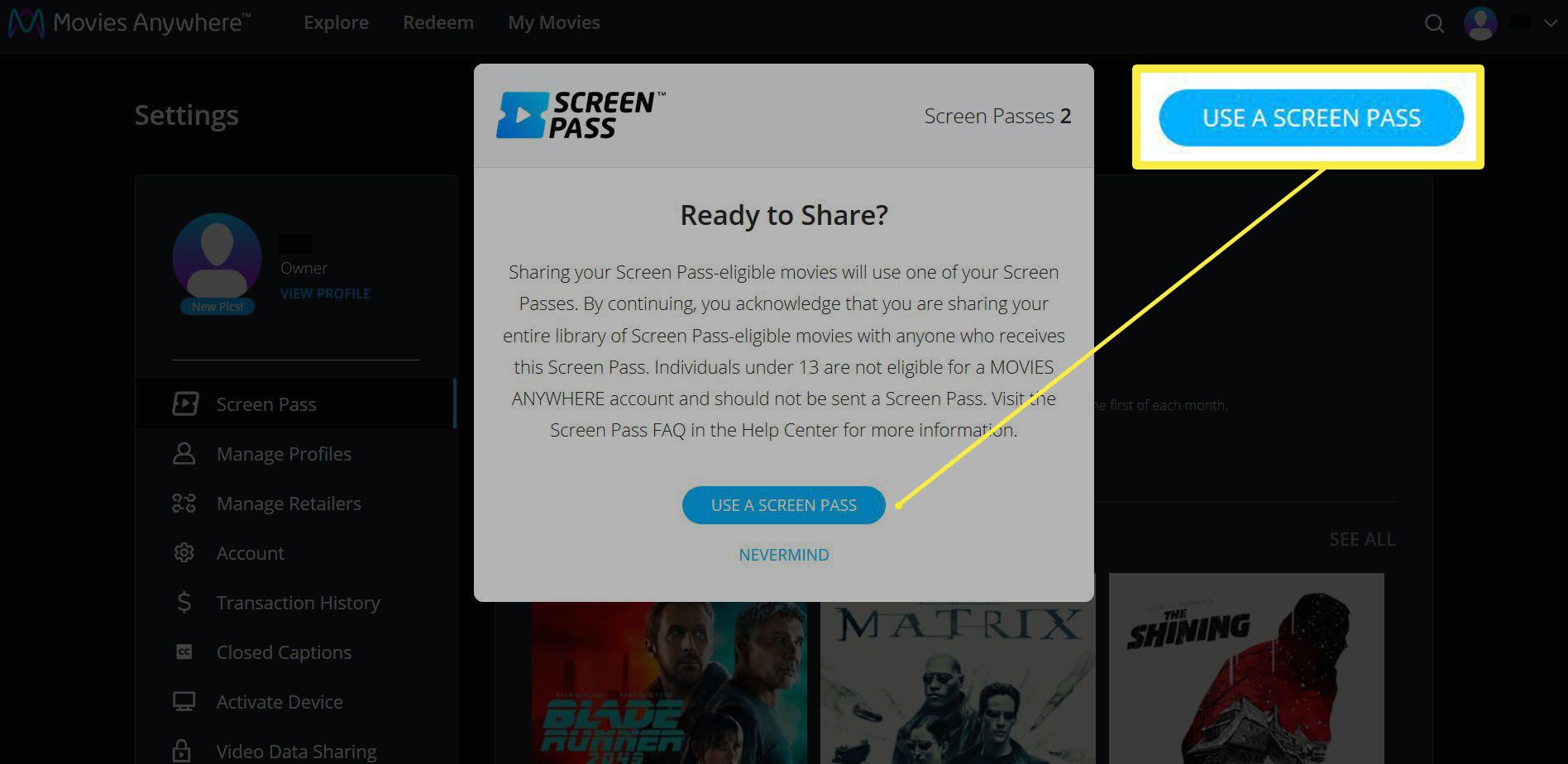 Okno s možností použít předání obrazovky pro seznam vašich filmů na webu Movies Anywhere.