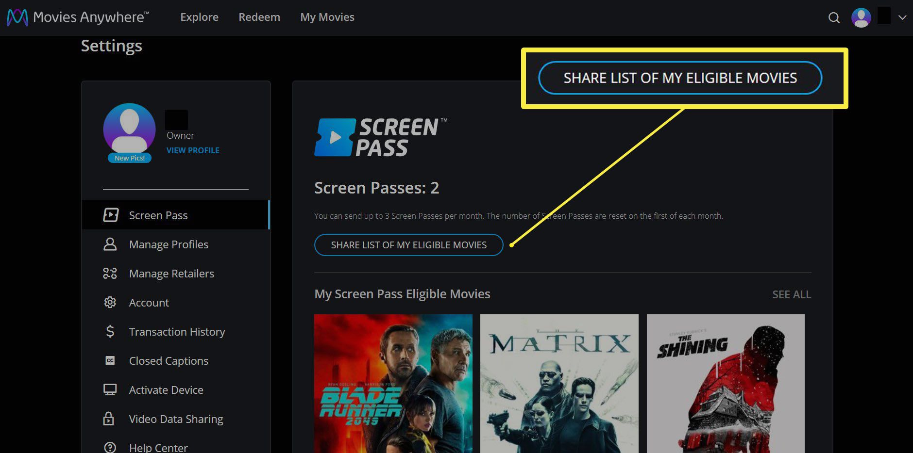 Projíždí obrazovka s možností sdílení seznamu vhodných filmů na webu Movies Anywhere.