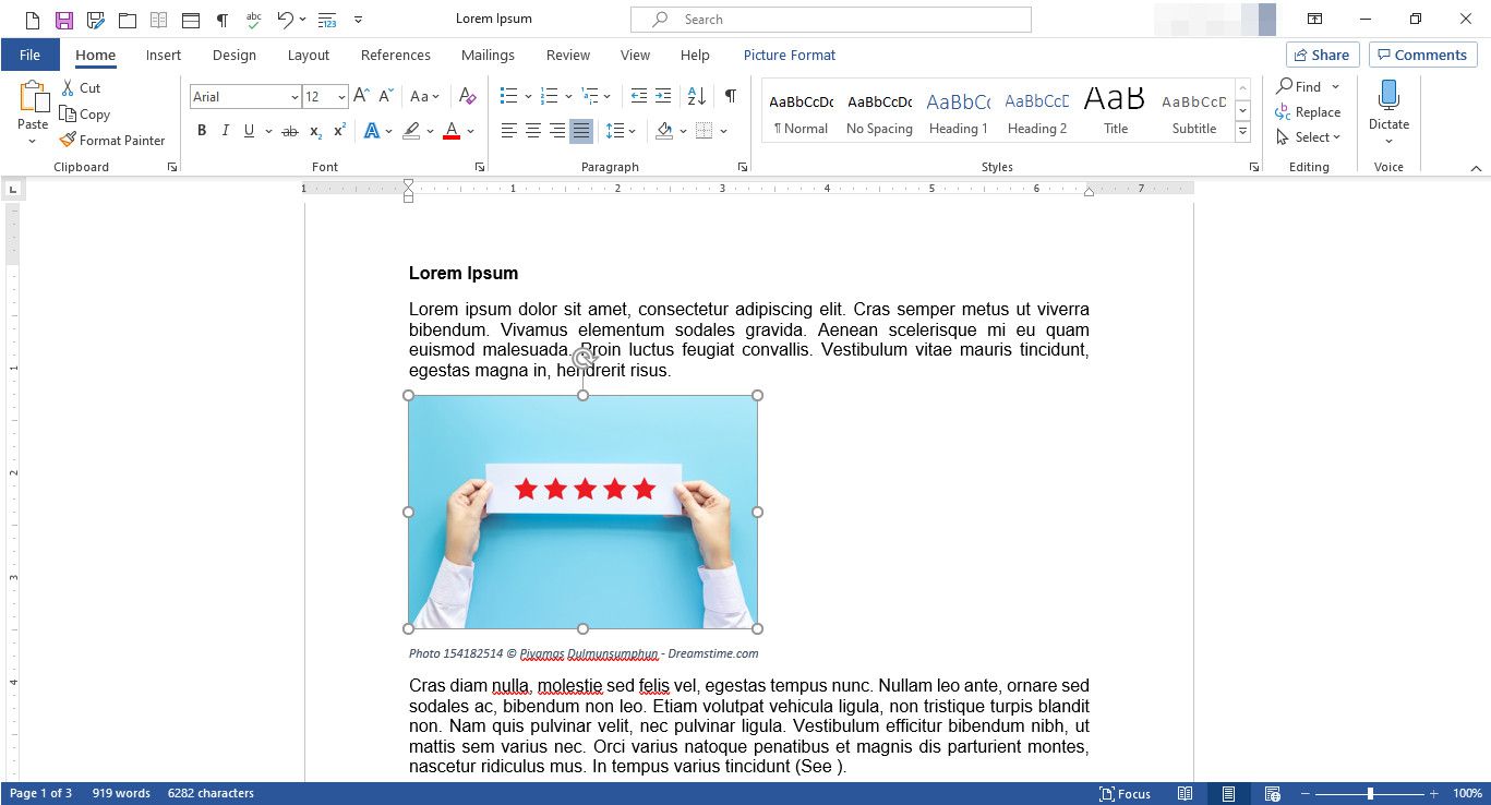 Dokument MS Word se zobrazenými úchyty pro změnu velikosti obrázku