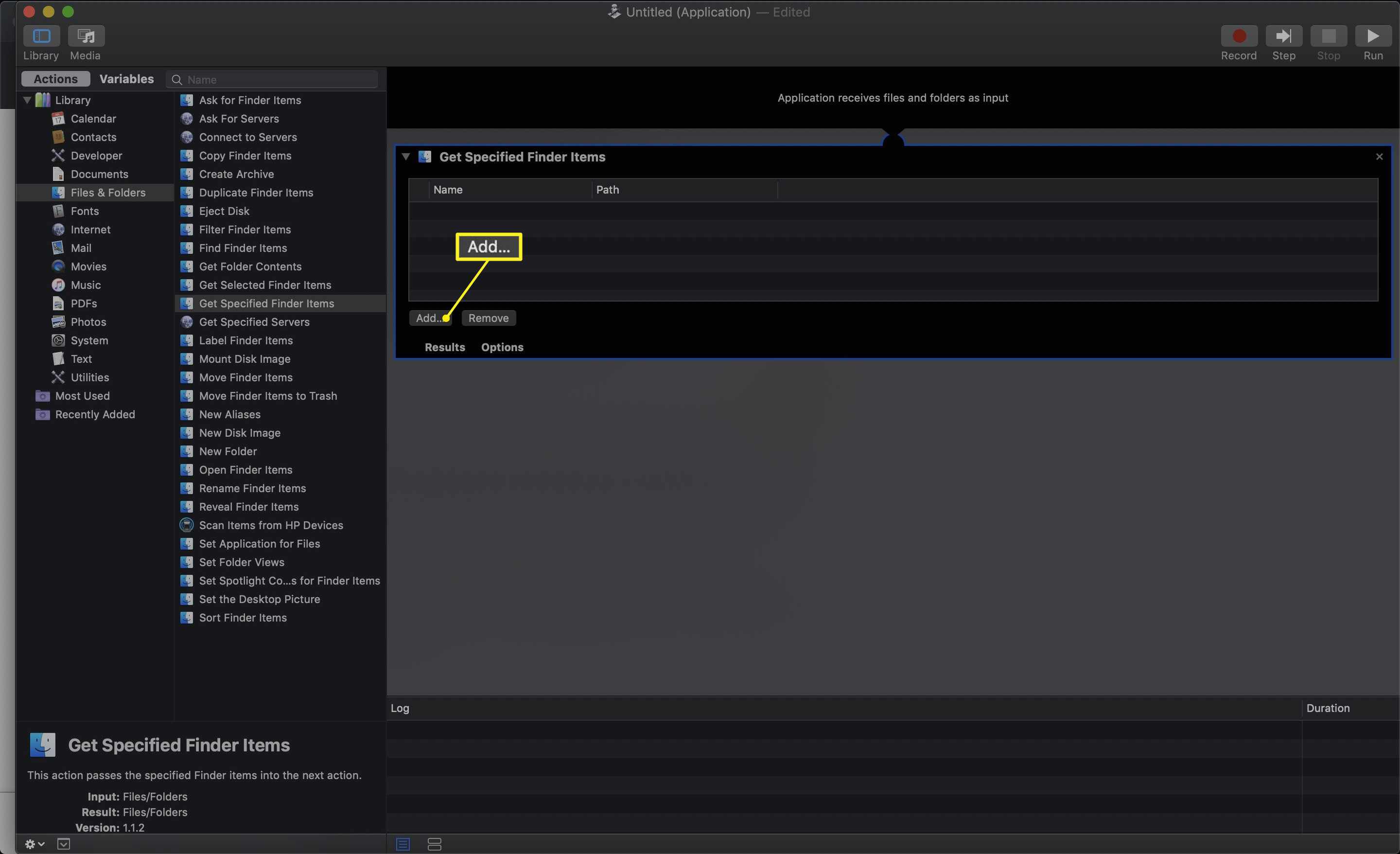 Automator with Add highlighted under Get Specified Finder Items