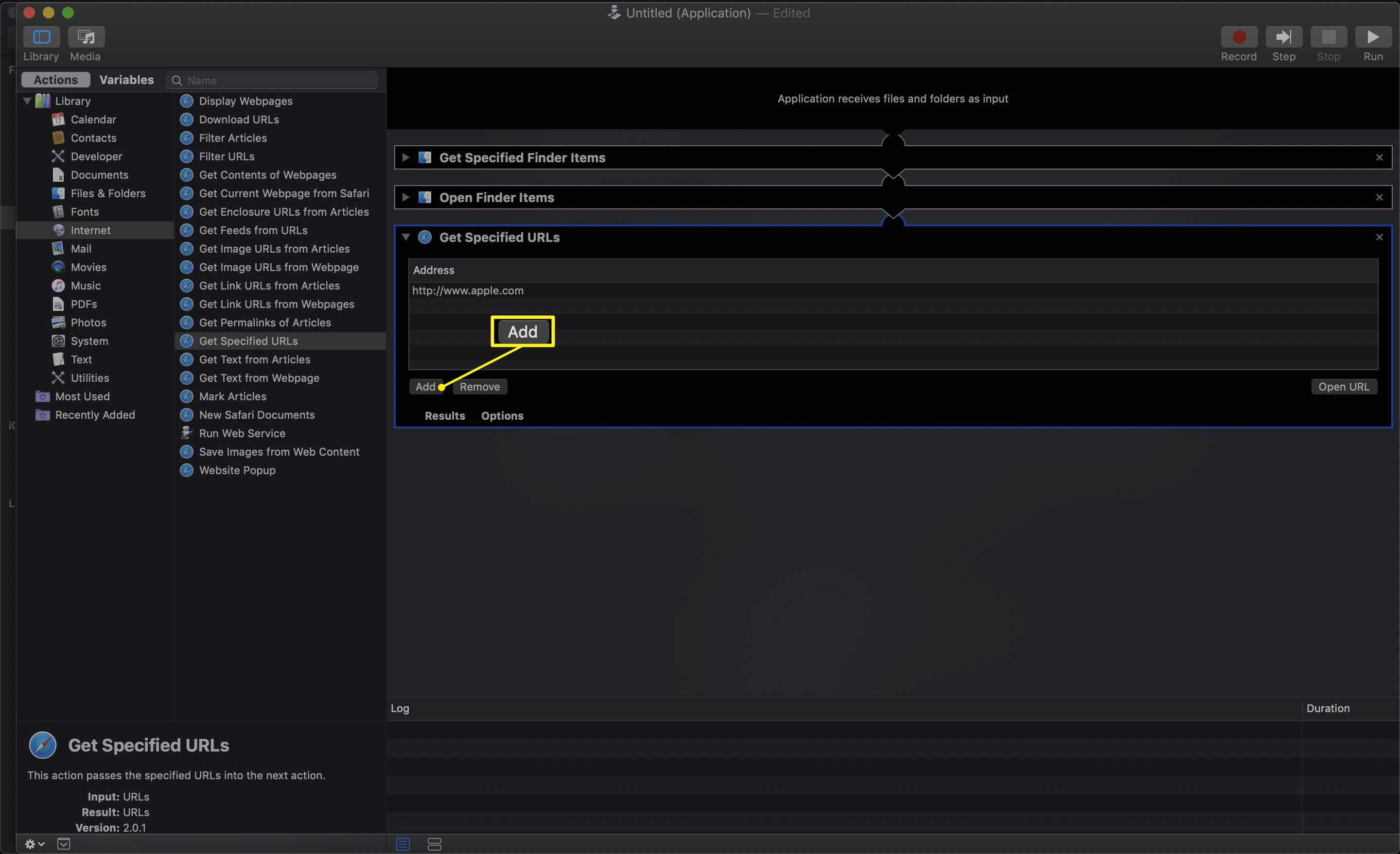Získejte akci Specifikované adresy URL v pracovním prostoru Automator se zvýrazněnou možností Přidat