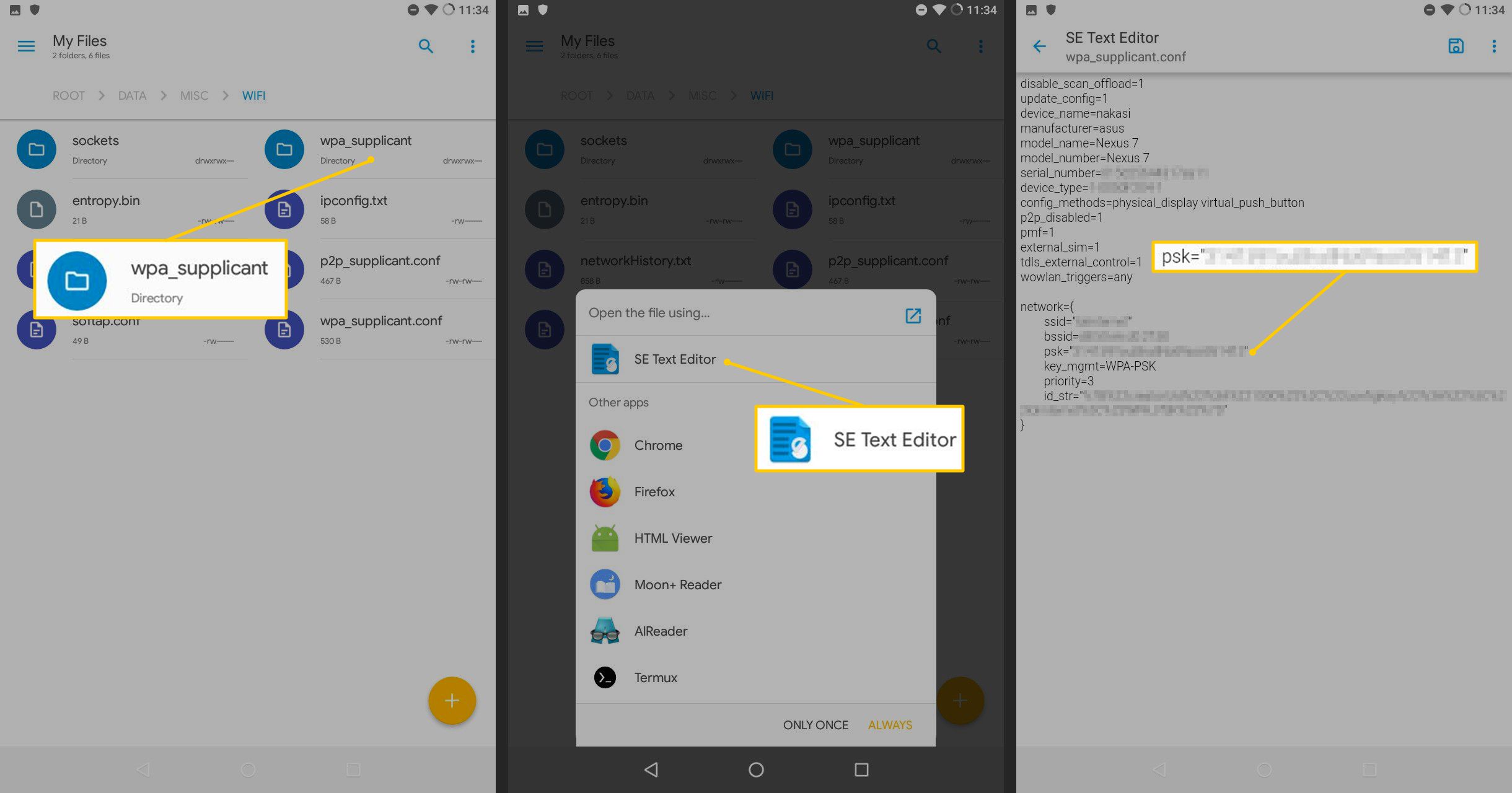 adresář wpa_supplicant, textový editor SE, psk v textovém souboru pro Android