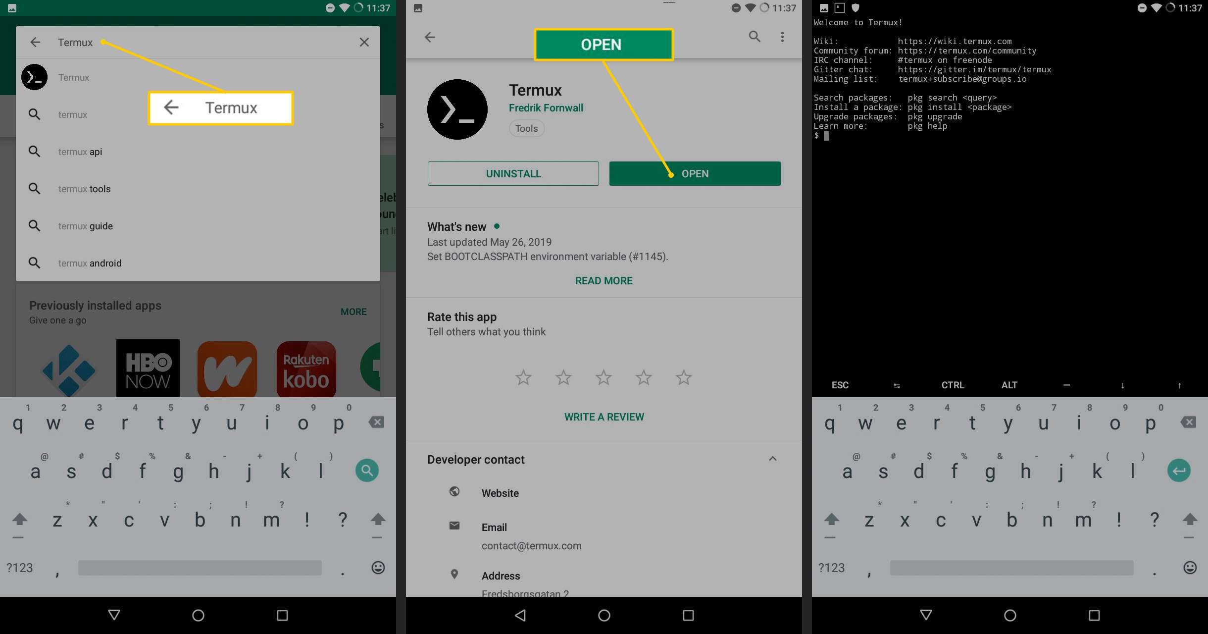 Vyhledávací pole Termux, tlačítko Otevřít, aplikace Termux spuštěná v systému Android