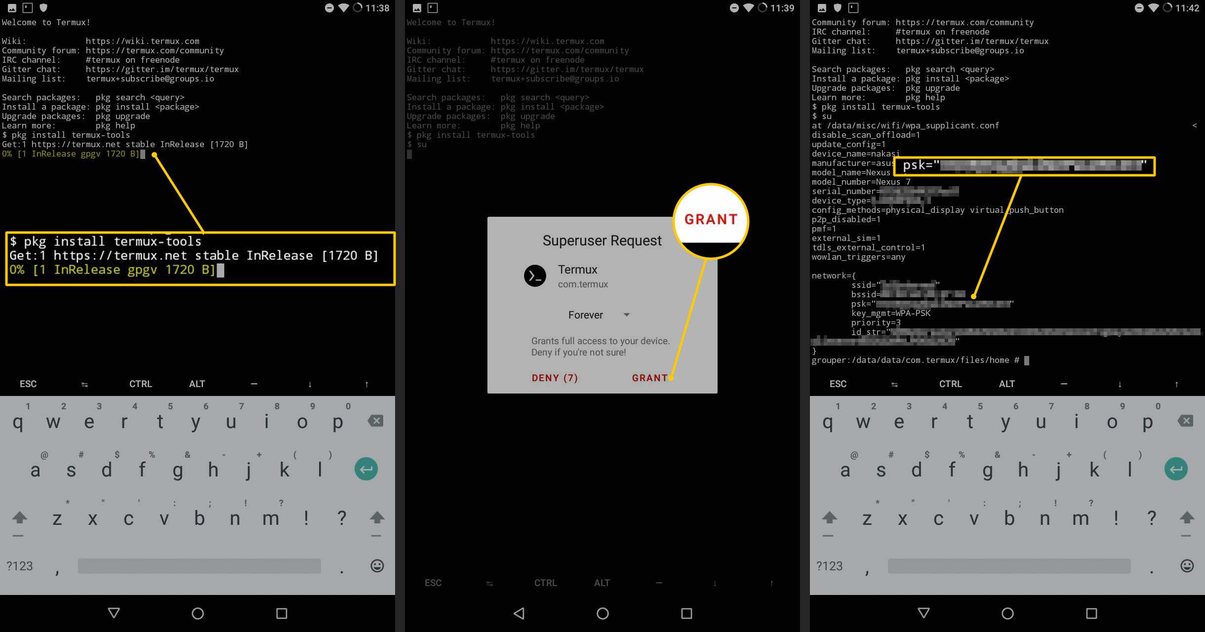 příkaz pkg install, tlačítko Udělit oprávnění, výsledek psk v systému Android