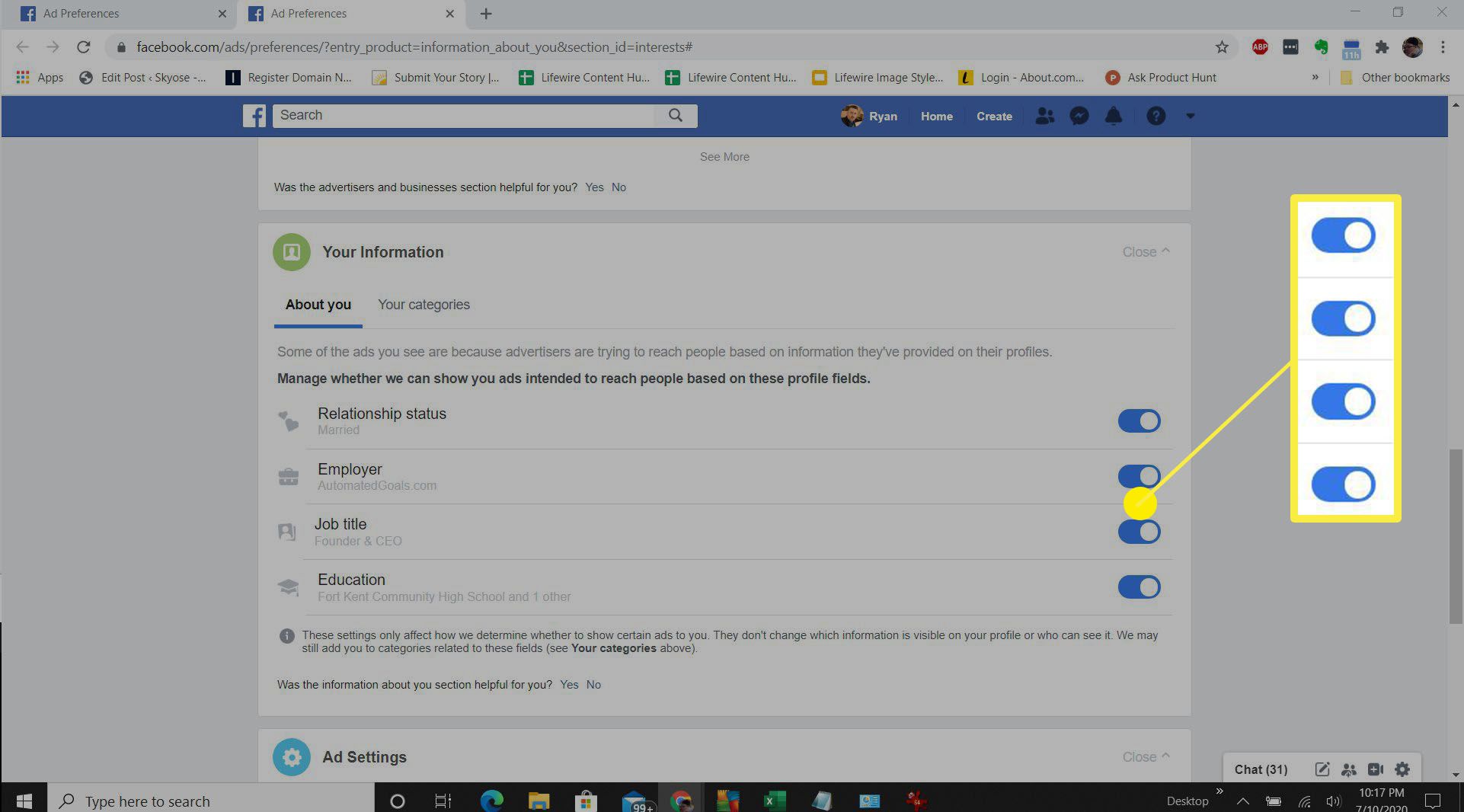 Screenshot z odhlášení z reklam na Facebooku.