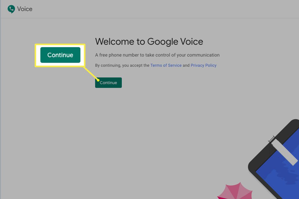 Úvodní stránka Google Voice se zvýrazněným tlačítkem Pokračovat