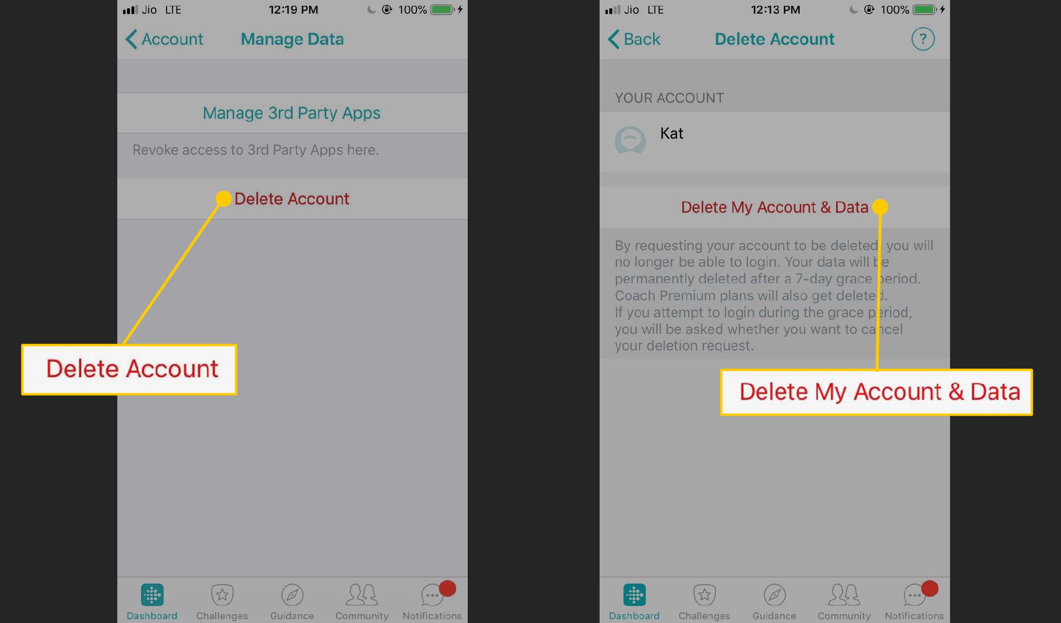 Tlačítka Odstranit účet, Odstranit můj účet a data v aplikaci Fitbit