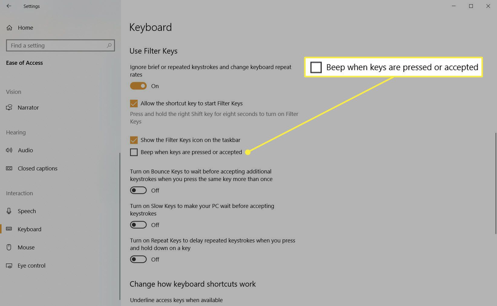 Filtrování kláves v nastavení klávesnice Windows 10.