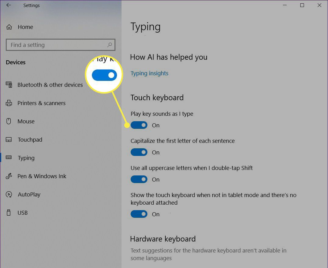 V nastavení psaní v systému Windows 10 klepněte na Klávesnice.