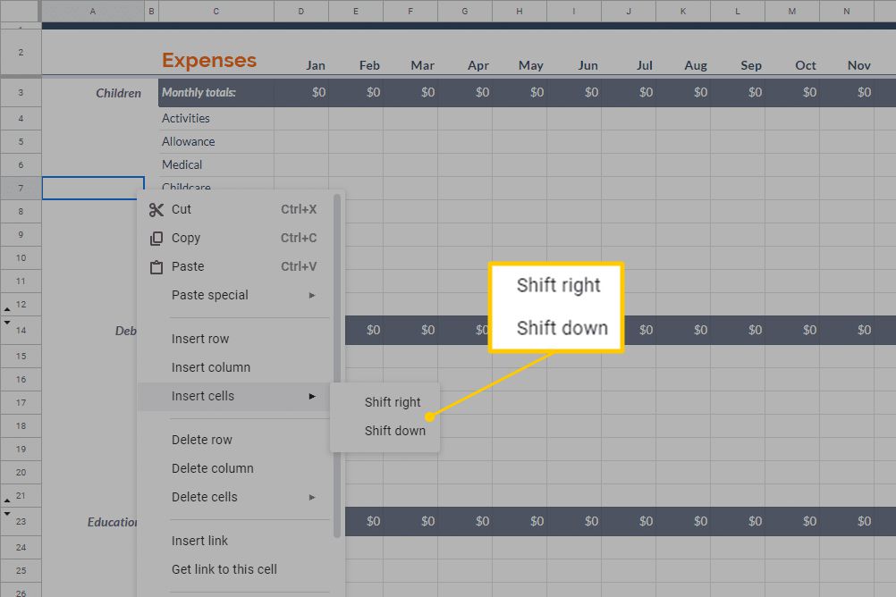 Shift vpravo / Shift dolů v aplikaci Excel