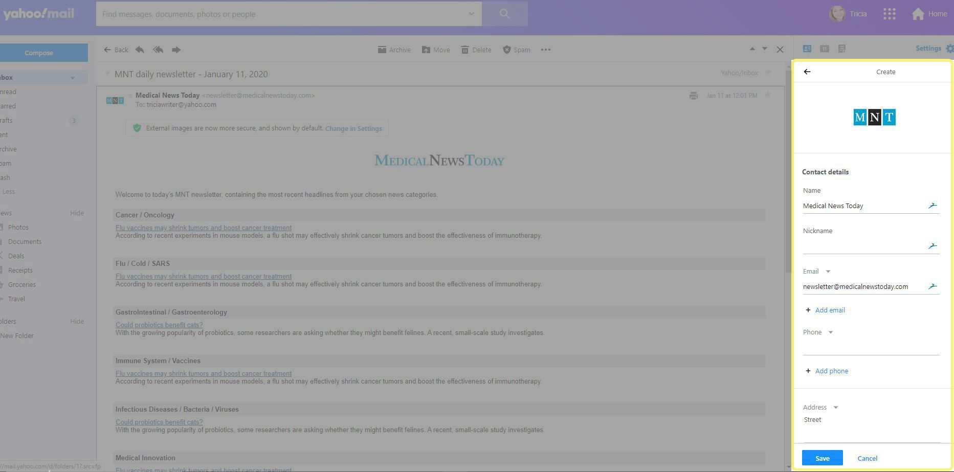 Vytvořit kontakt v Yahoo Mail