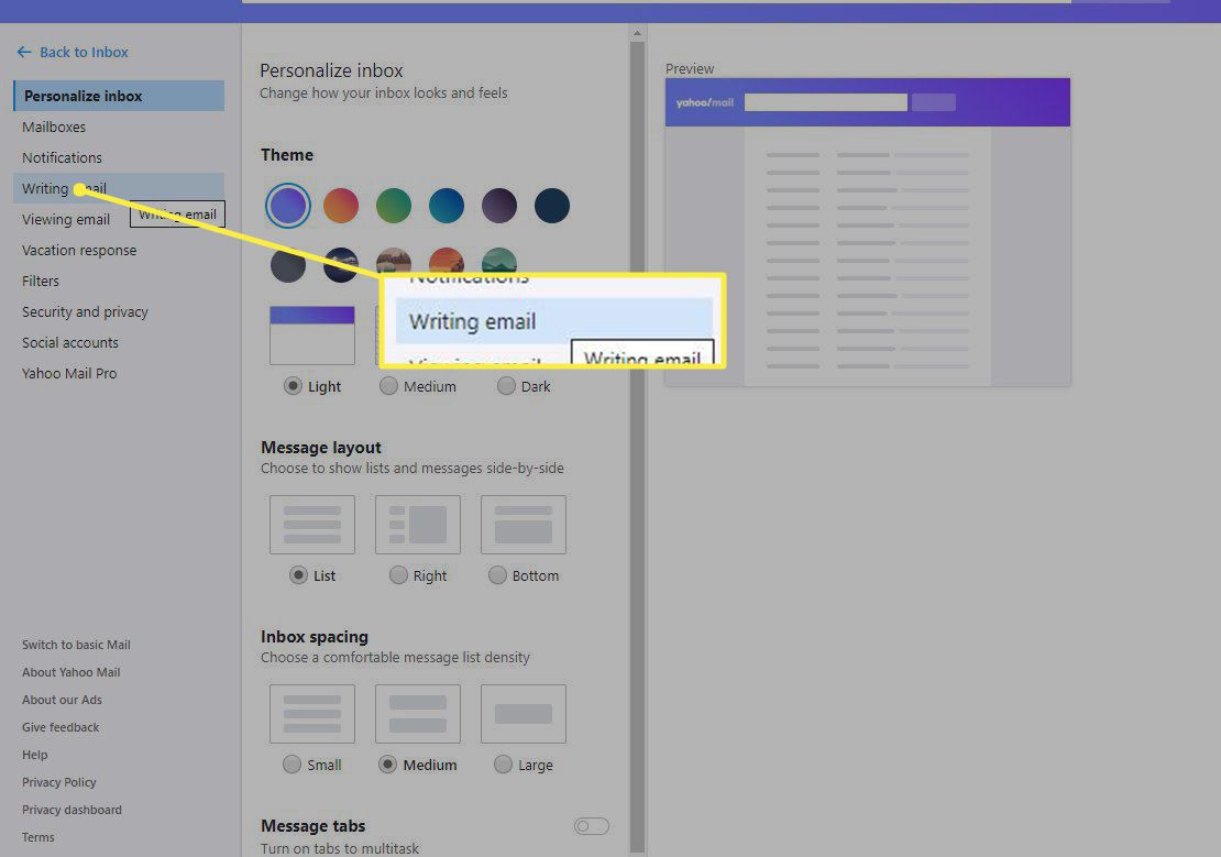 Přizpůsobte kartu Doručená pošta výběrem Psaní e-mailů v Yahoo Mail