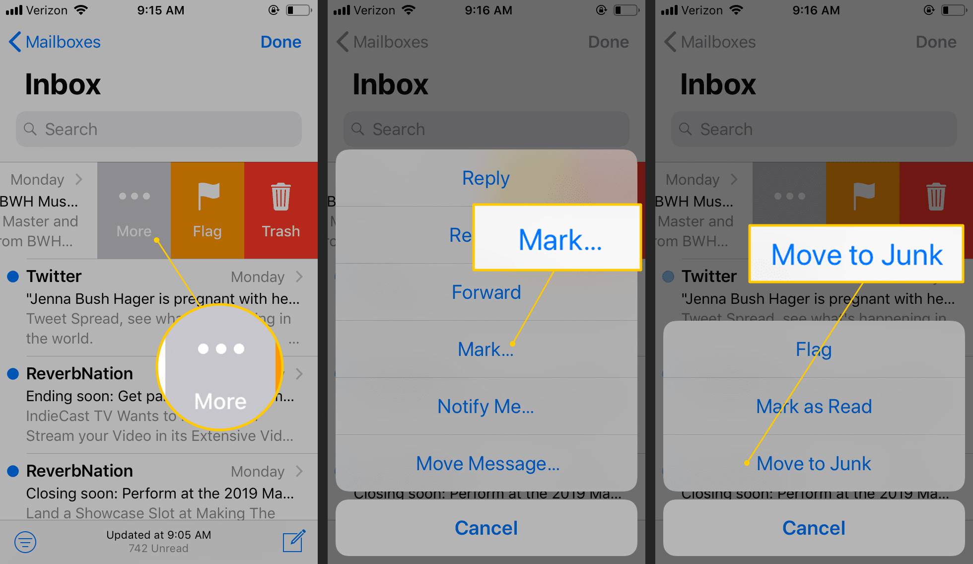 Přesuňte e-maily do nevyžádané složky v iOS Mail