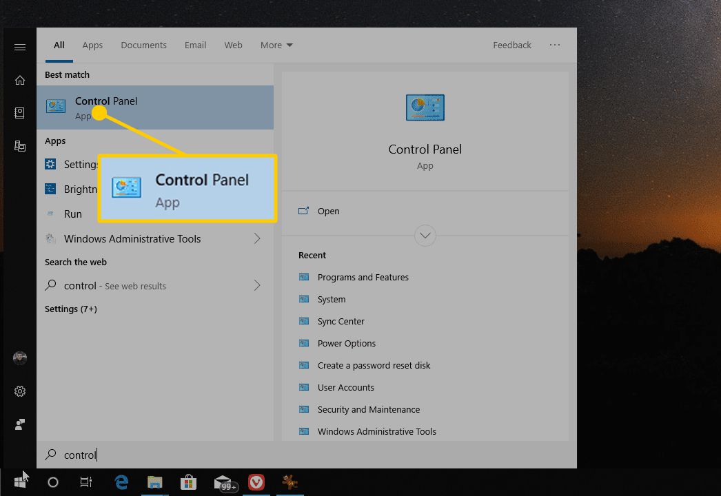 Screenshot otevření ovládacího panelu ve Windows 10