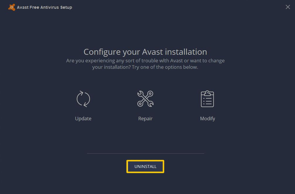 Snímek obrazovky s možností odinstalace v Avast Antivirus