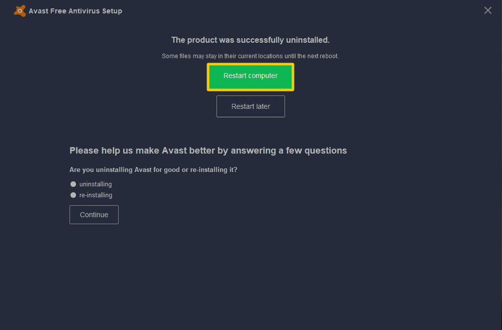 Screenshot výzvy k odinstalování Avast Restart Computer.