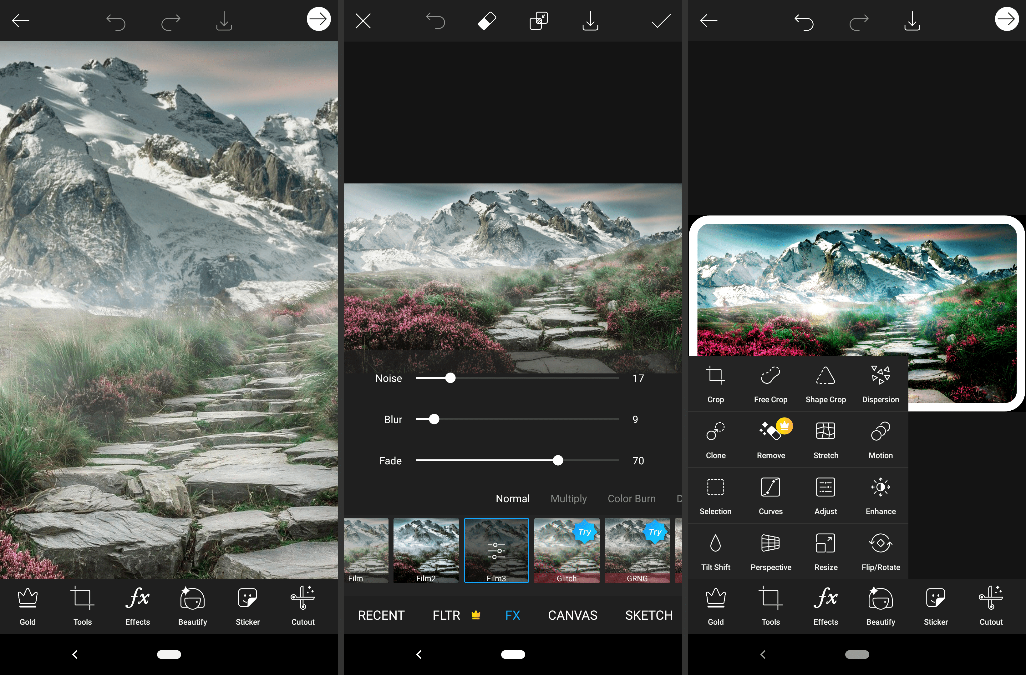 Screenshoty aplikace Picsart pro úpravu obrázků pro Android