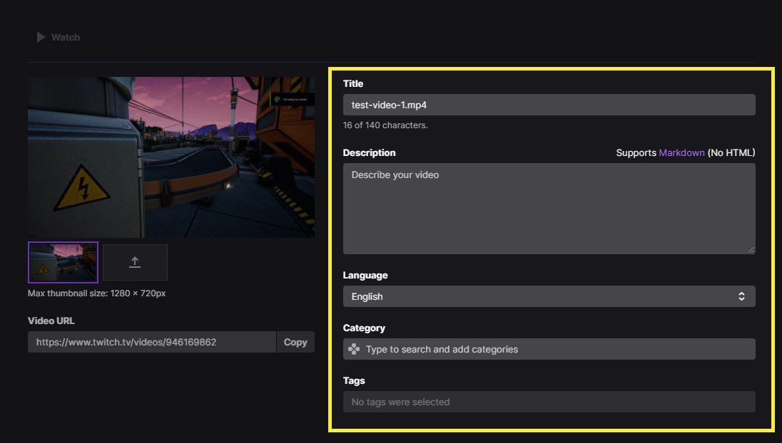 Twitch video upload page details with Title, description, language, category, and tag highlighted