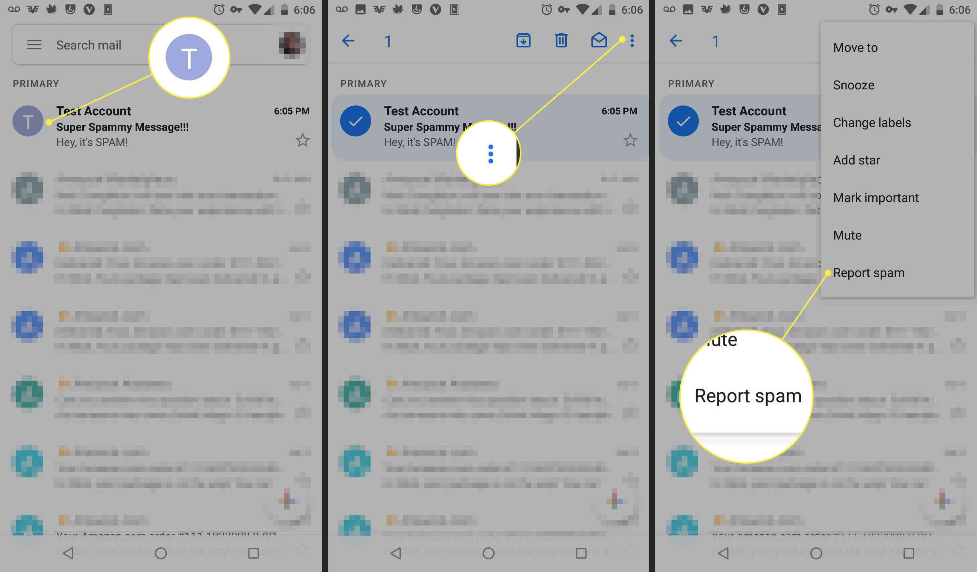 Screenshoty aplikace Gmail ukazující, jak nahlásit účet jako spam