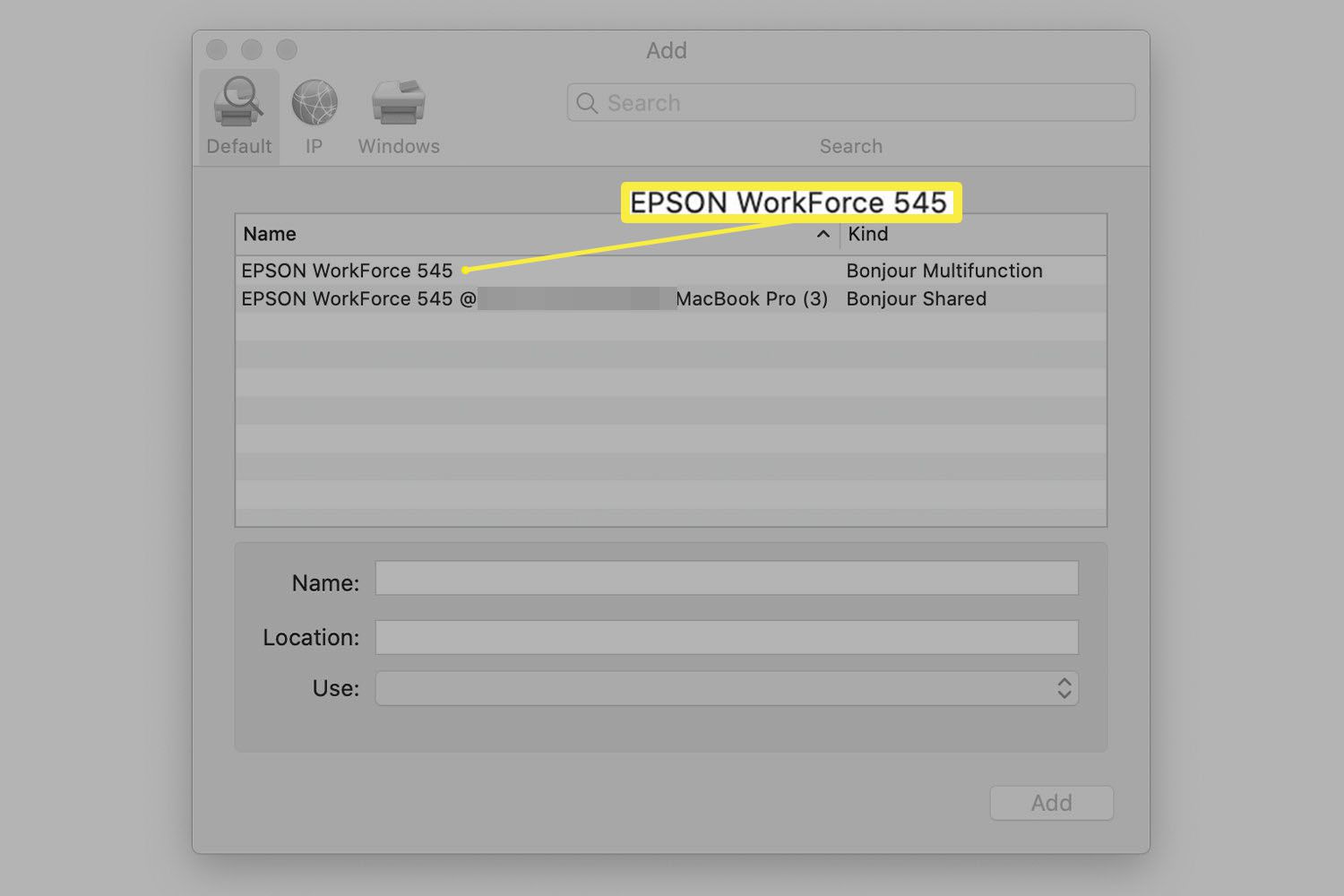 Obrazovka Přidat tiskárnu na počítači Mac