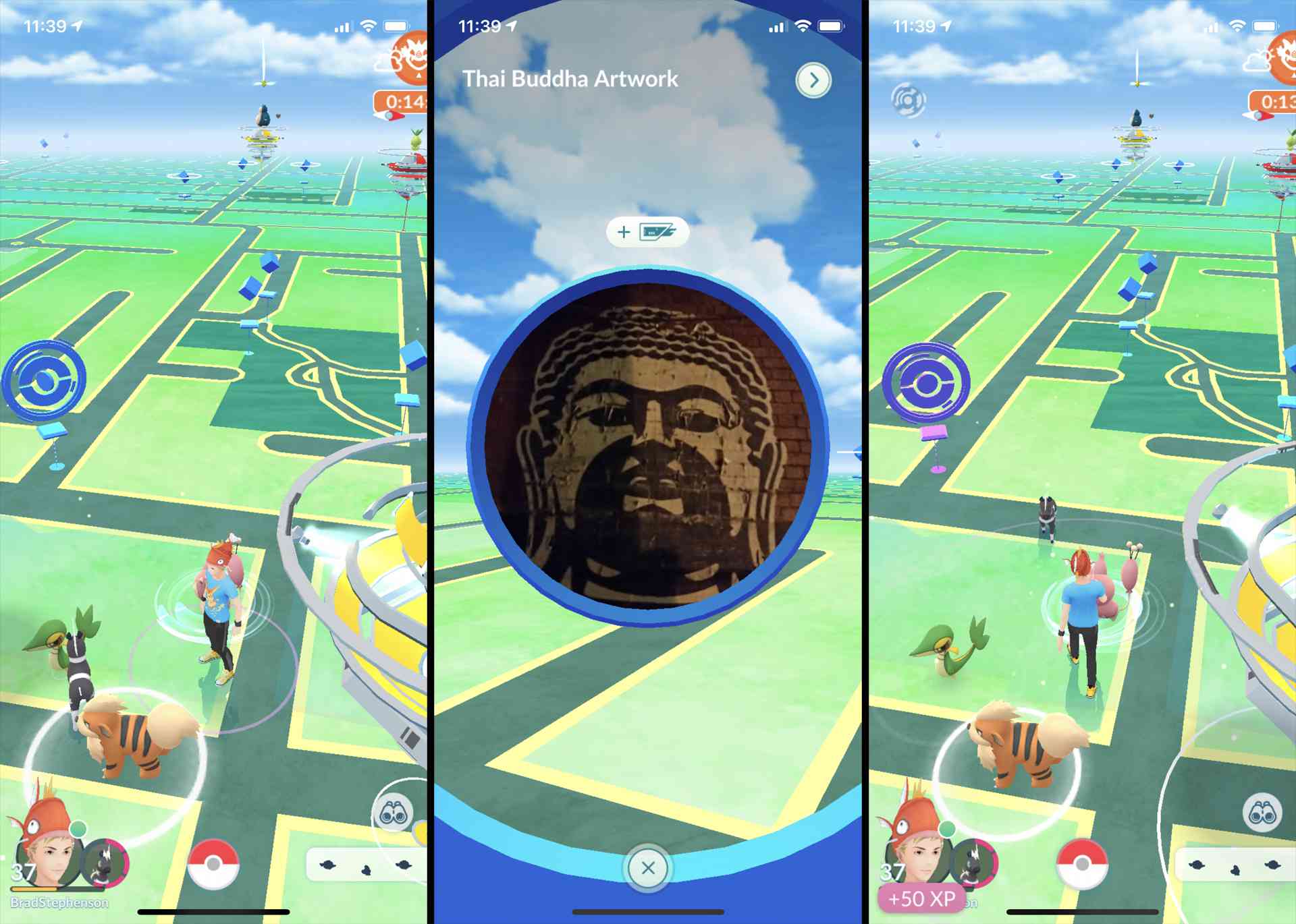 Screenshot z Poke Stop v Melbourne v Austrálii ve hře Pokemon GO na iPhone.