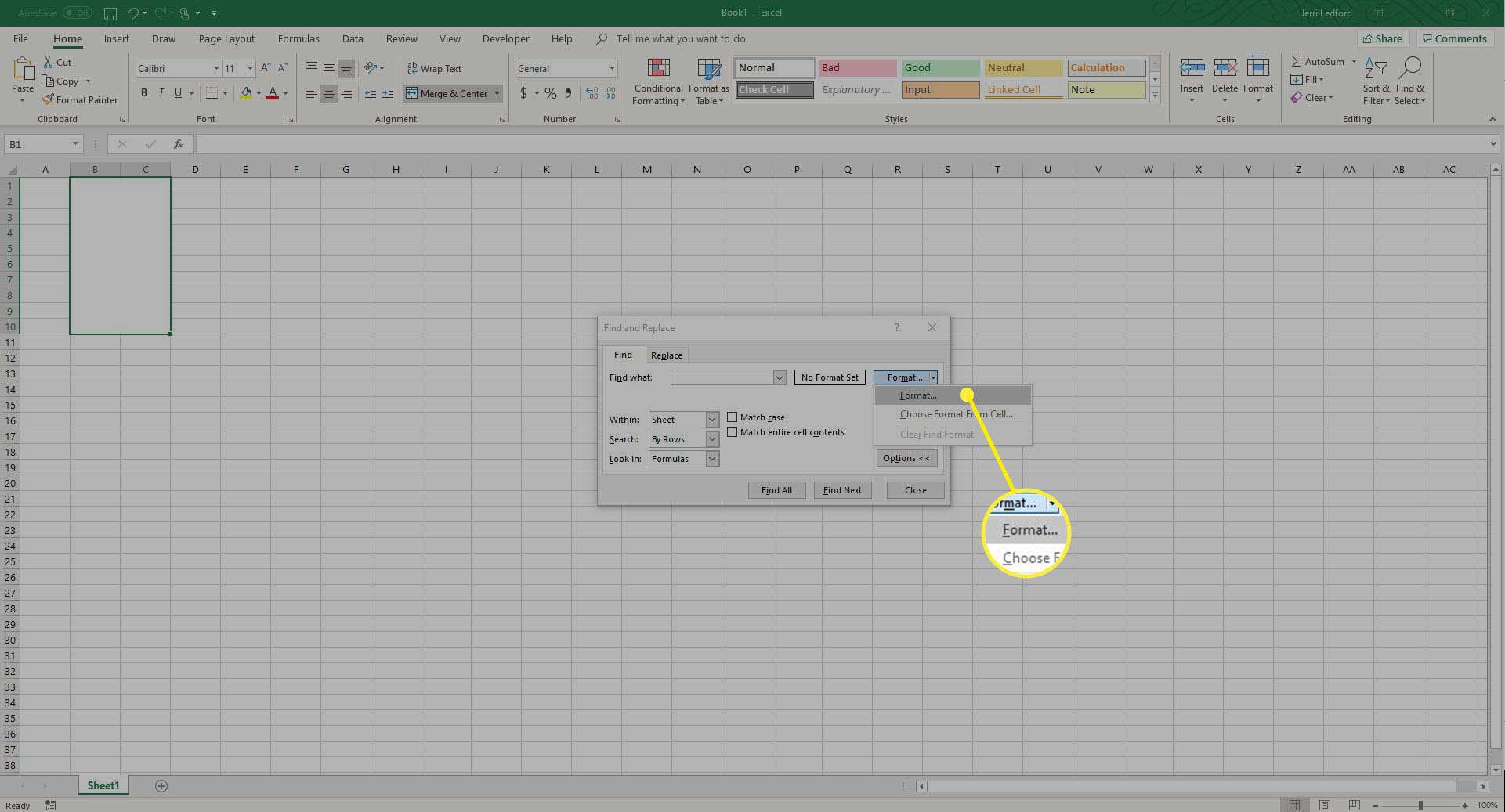 Možnost Formát v nabídce Najít a nahradit v aplikaci Excel.