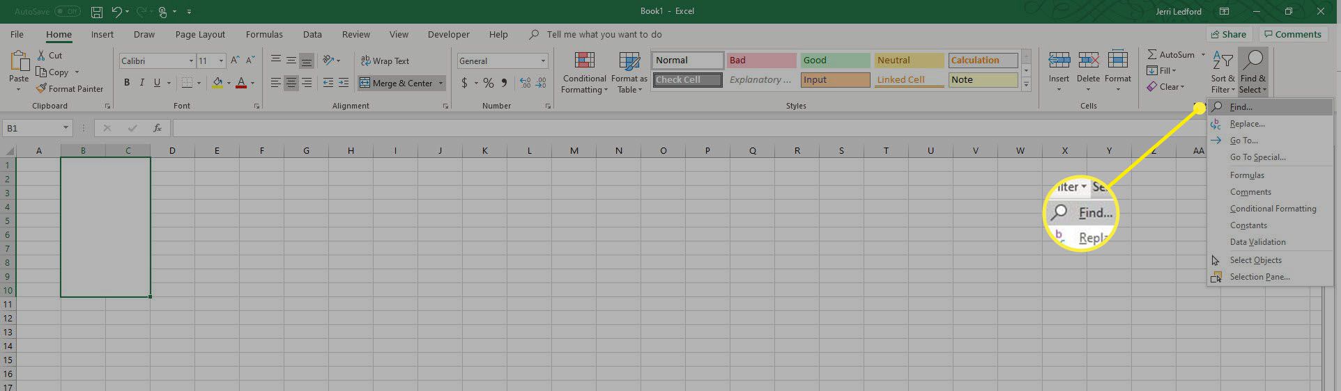 Možnost Najít v nabídce Najít a vybrat v aplikaci Microsoft Excel.