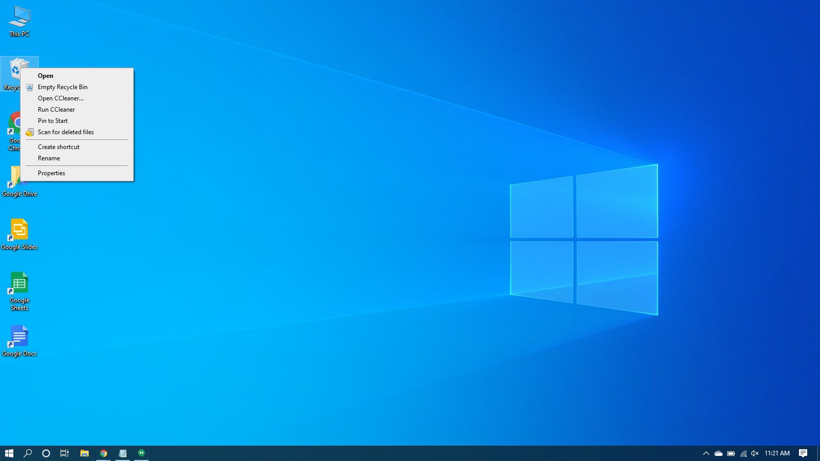 Klikněte pravým tlačítkem na místní nabídku koše ve Windows 10.