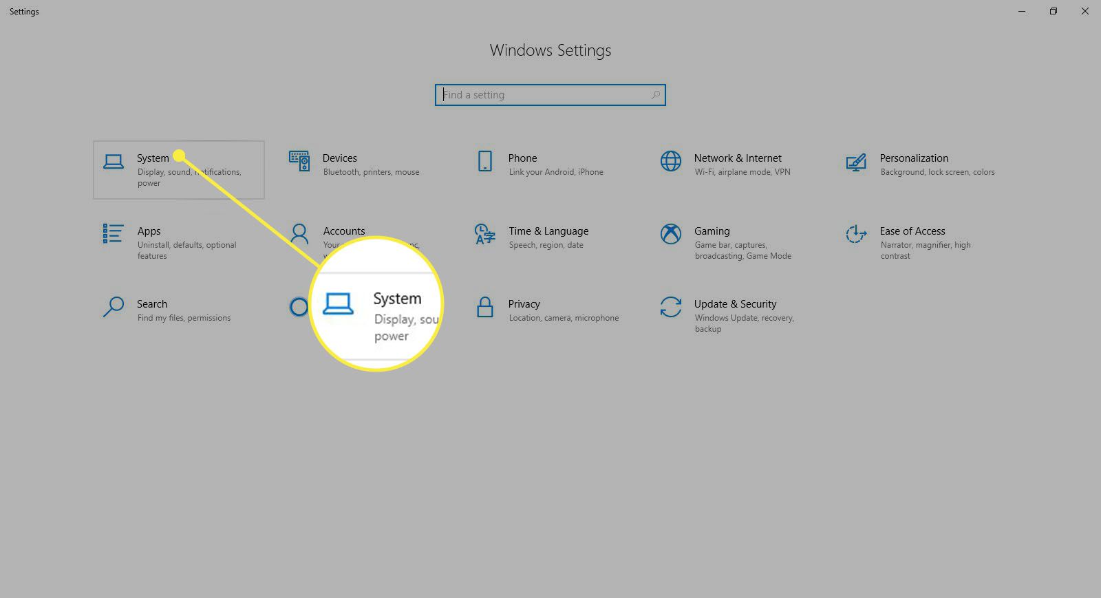 Nastavení systému Windows v systému Windows 10.