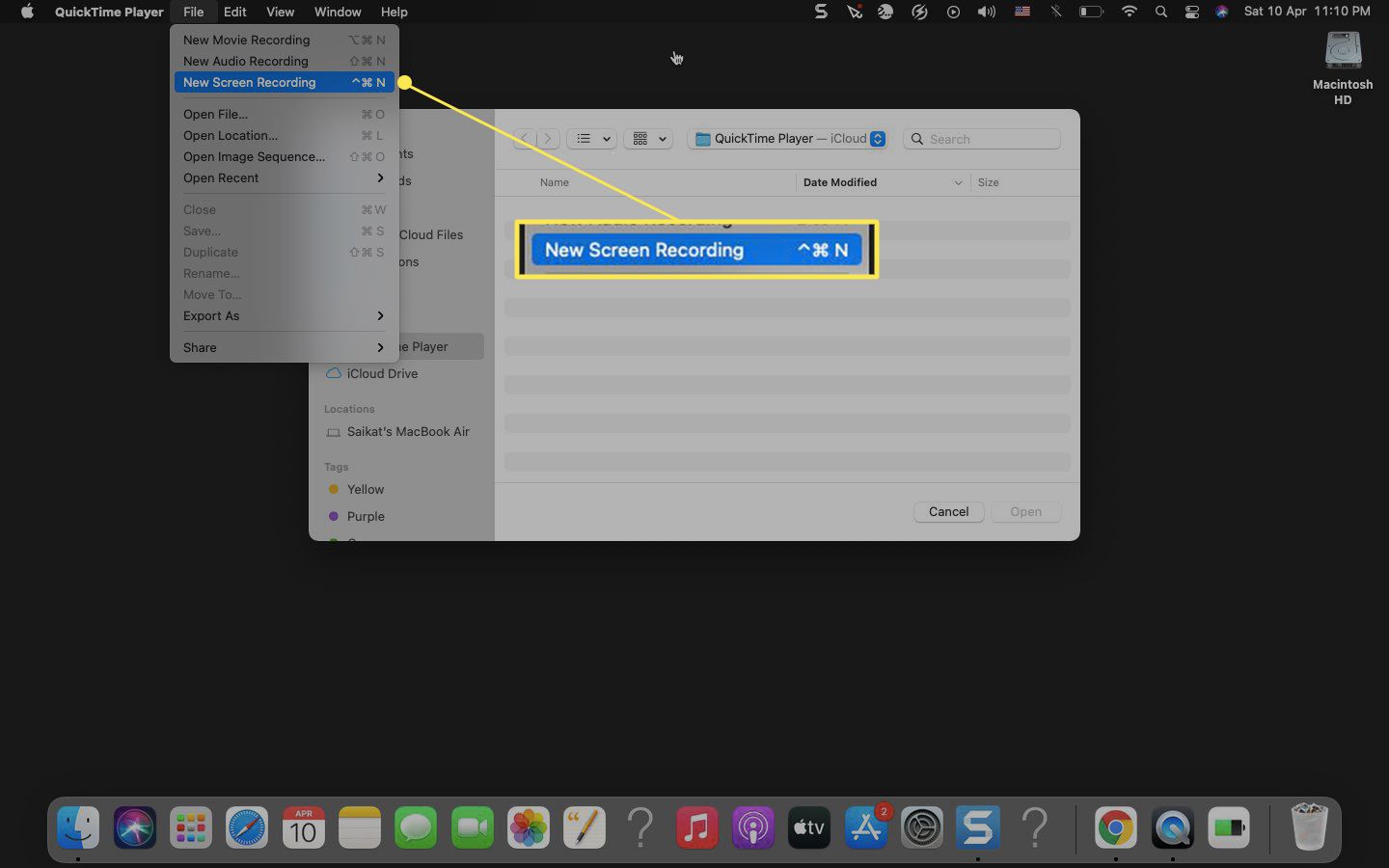 Přehrávač Quicktime pro Mac se zvýrazněným záznamem „Nová obrazovka“