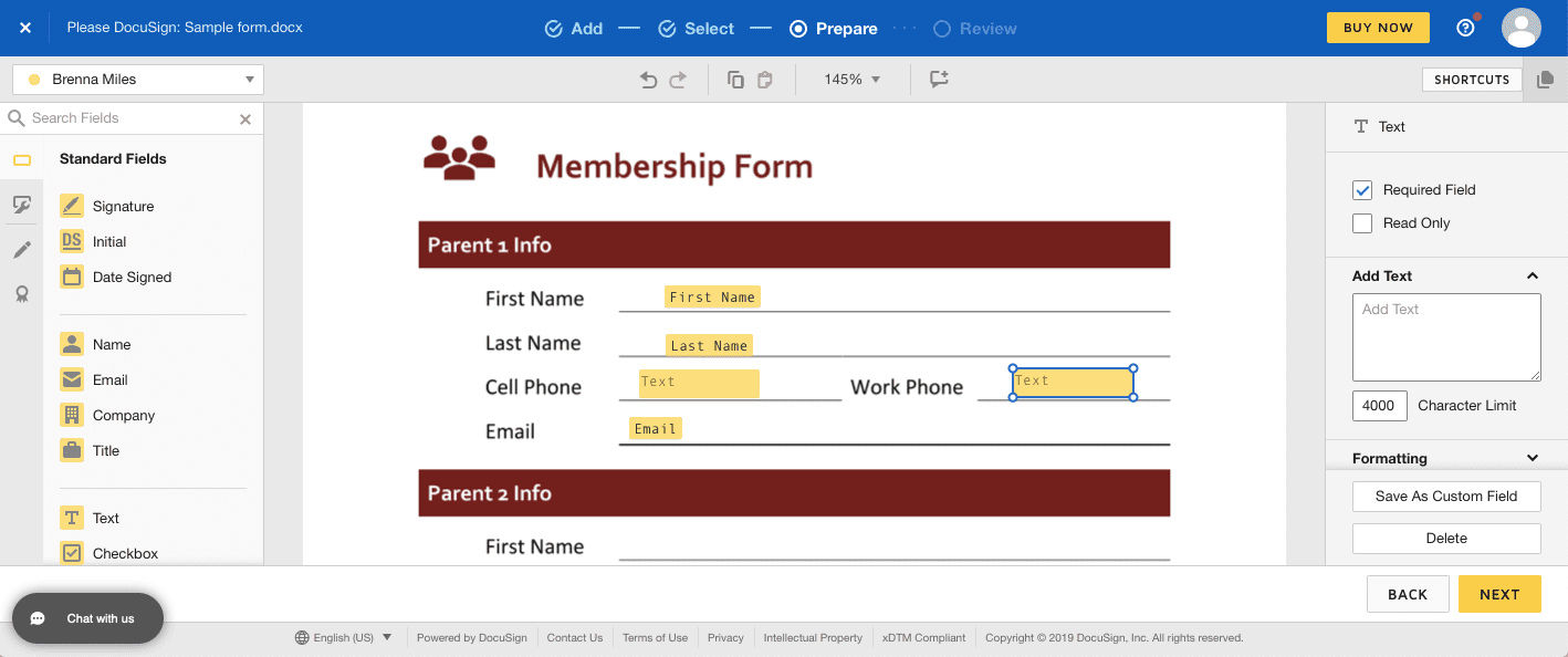 Vytváření vyplnitelného formuláře PDF pomocí terénních nástrojů DocuSign