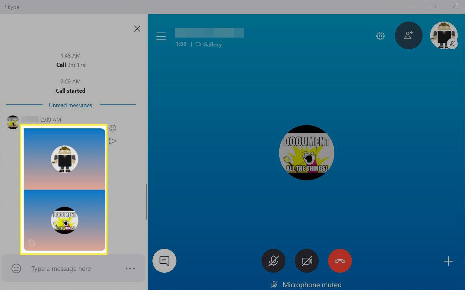 Skype volání se zvýrazněnou snímkou ​​obrazovky