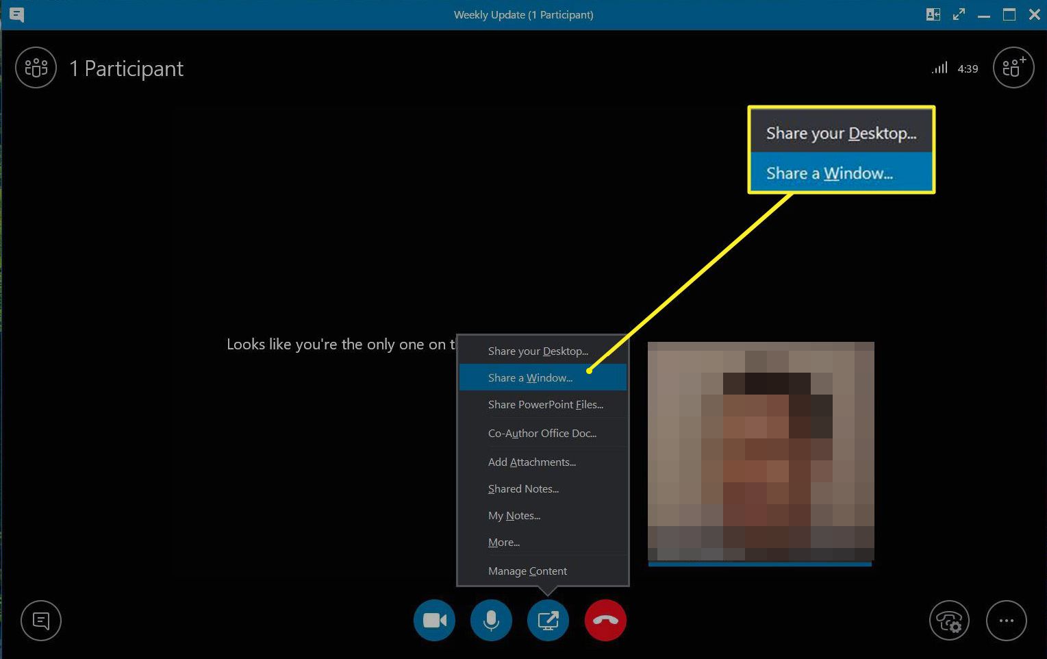 Skype se zvýrazněnými příkazy Sdílení plochy a Sdílení okna