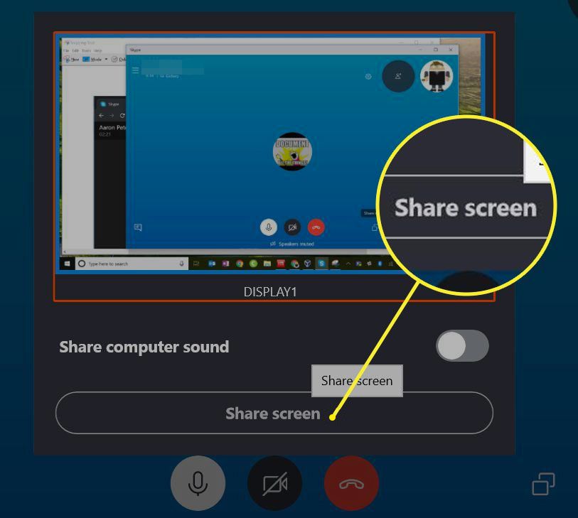 Obrazovka náhledu sdílení Skype se zvýrazněným tlačítkem Sdílet obrazovku