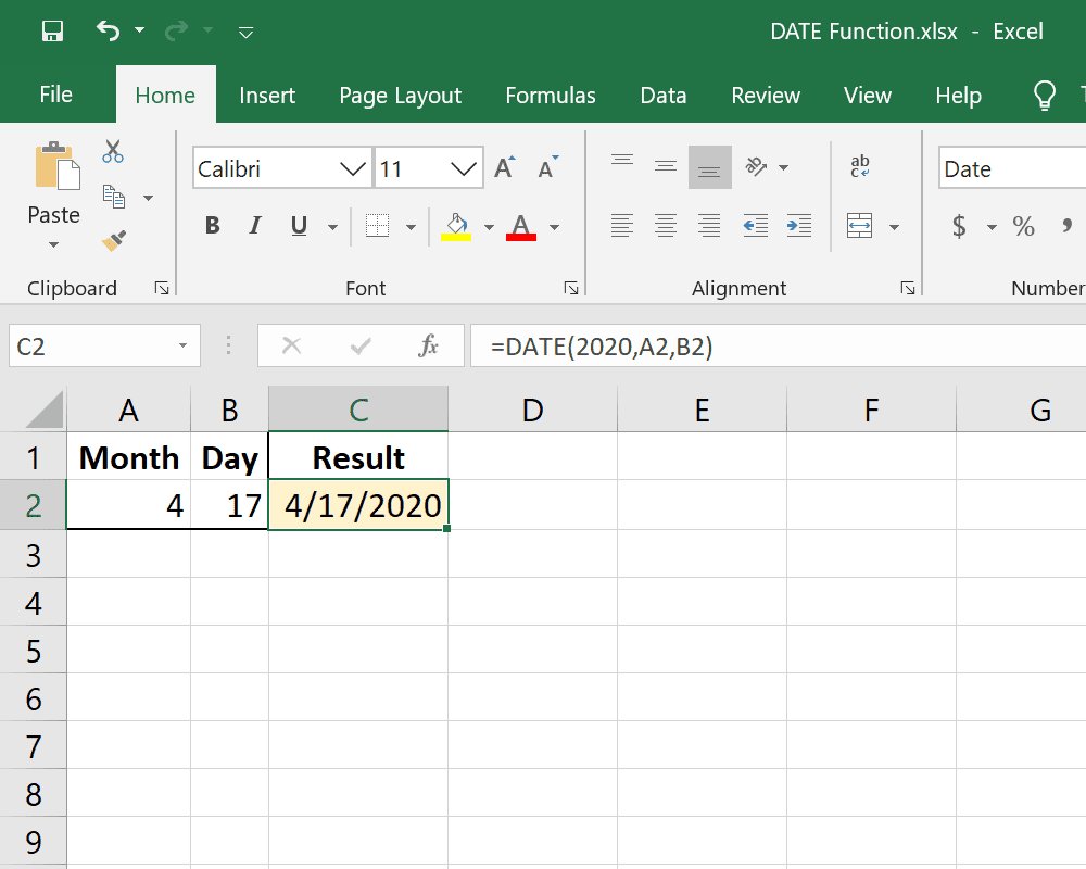 Příklad funkce DATE v aplikaci Excel