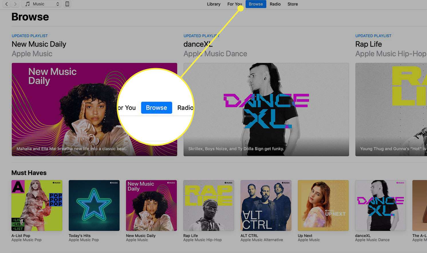 Snímek obrazovky iTunes se zvýrazněným nadpisem Procházet