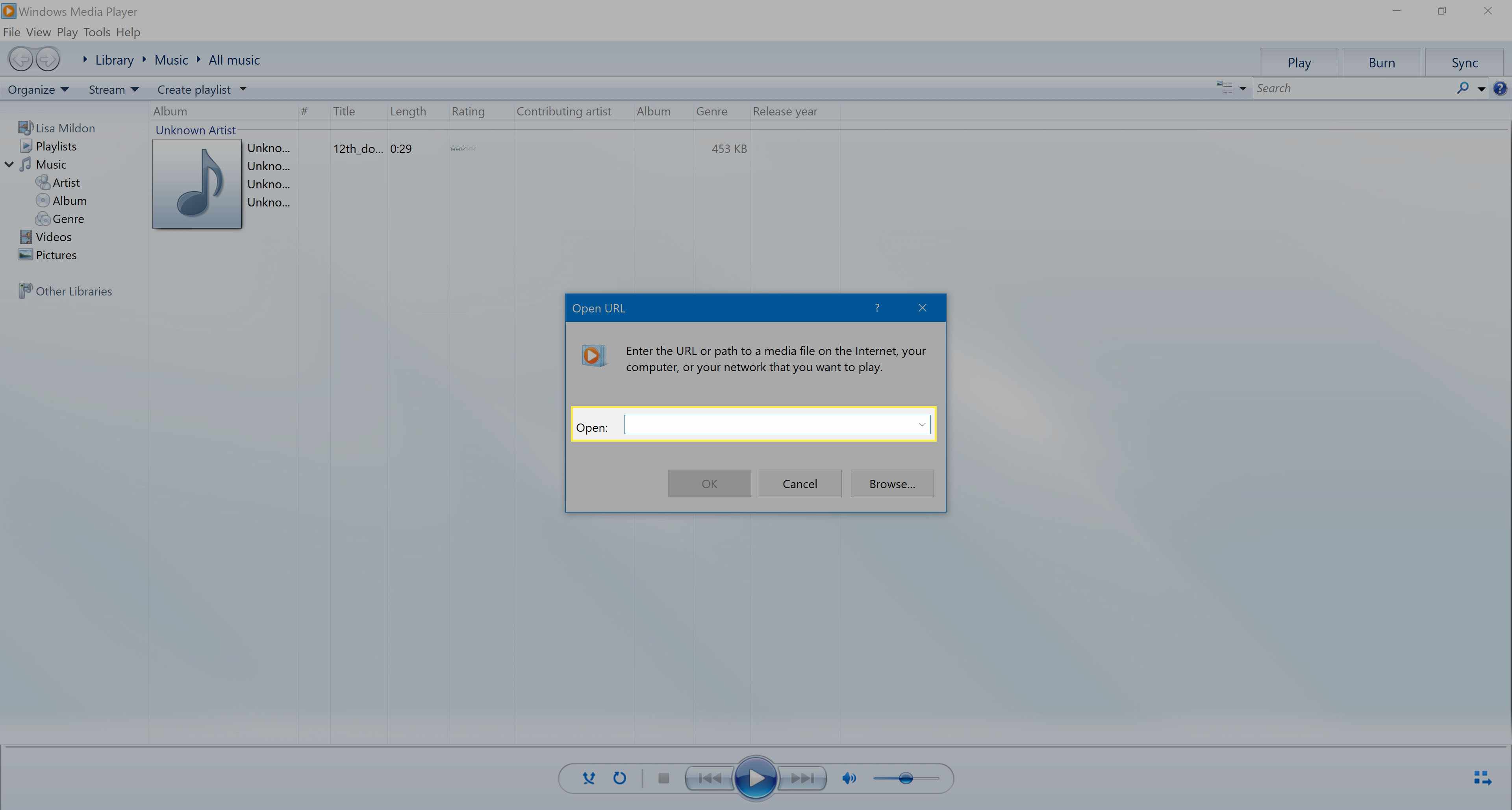 Dialogové okno Otevřít URL v programu Windows Media Player 12.