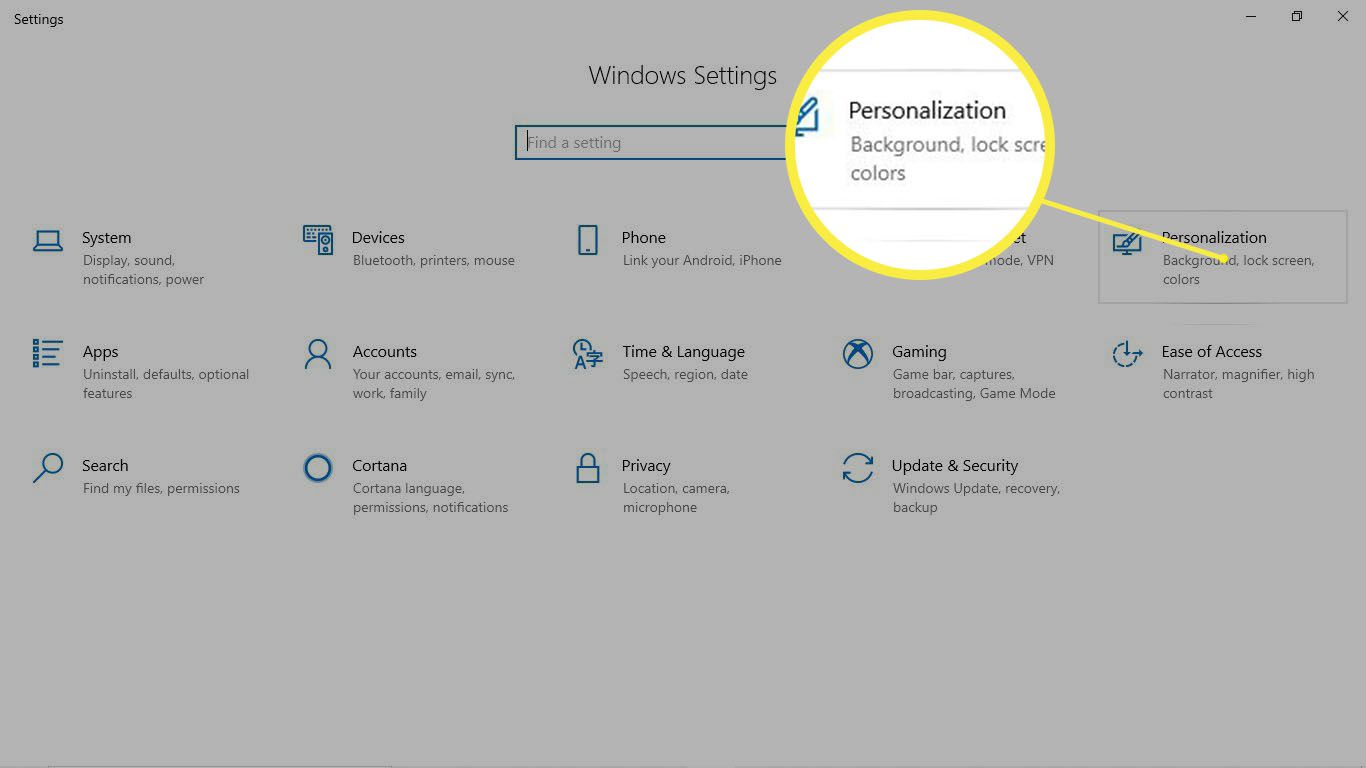 Nastavení Personalizace zvýrazněné v okně Windows 10 Windows Settings.