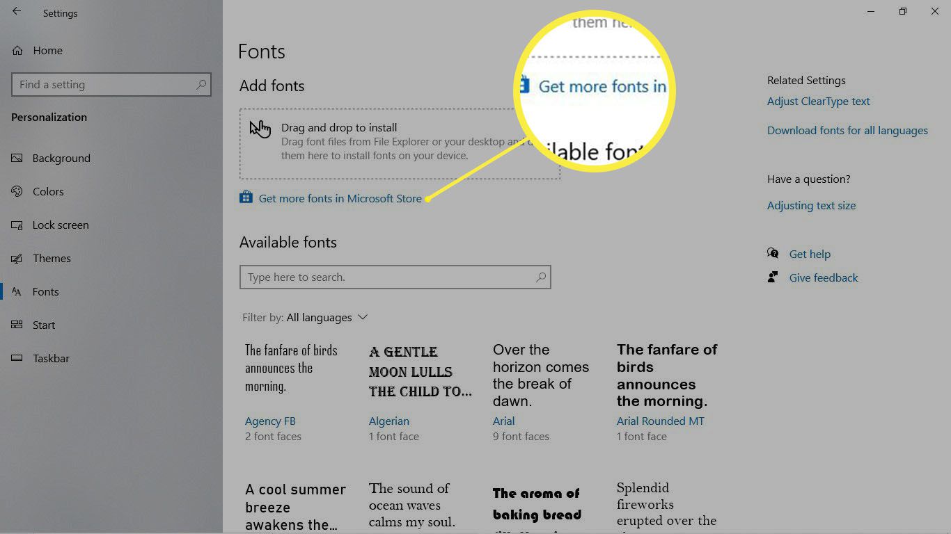 Podokno předvoleb Windows 10 Fonts se zvýrazněnou položkou Získat více písem.