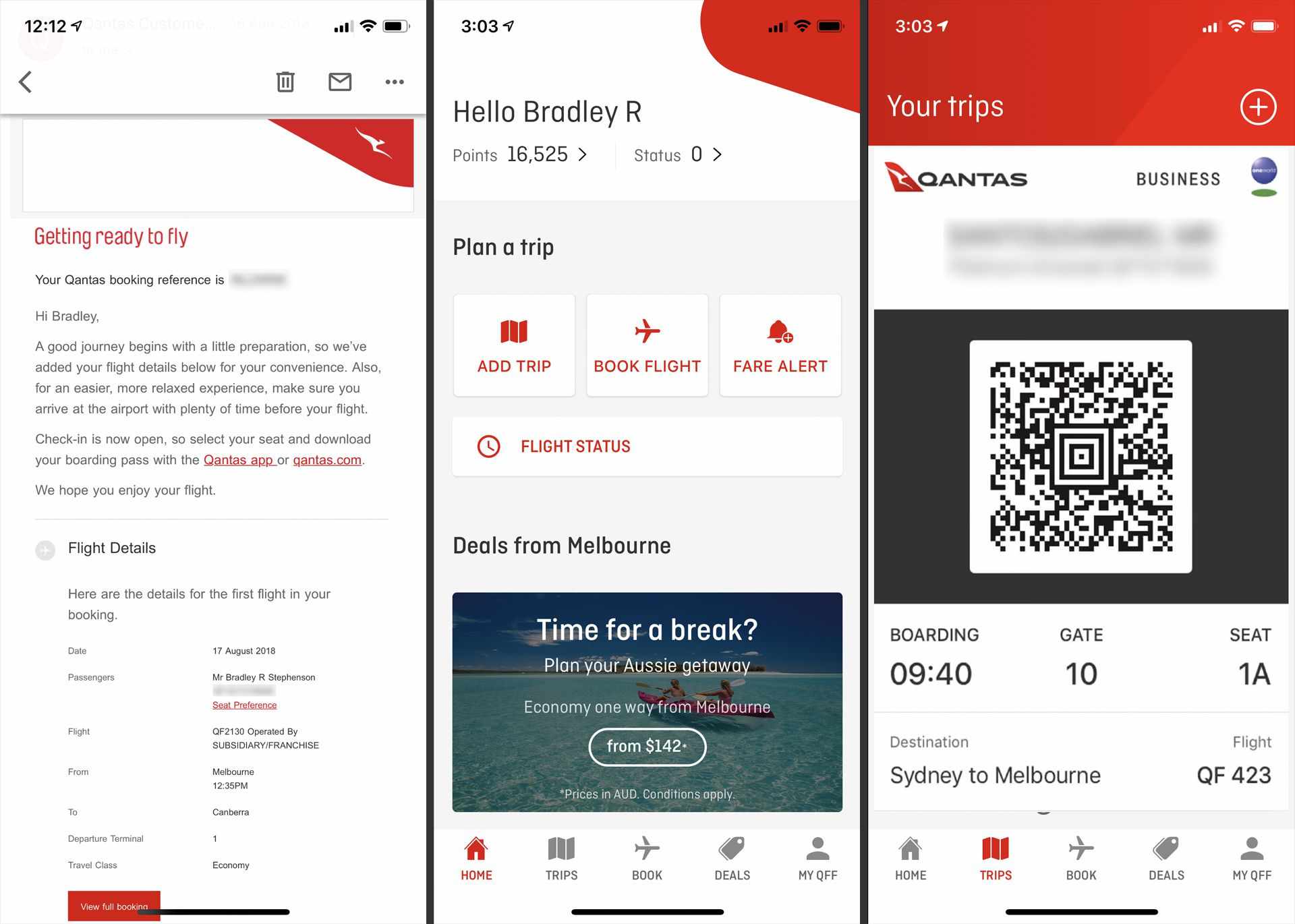 Screenshoty e-mailů leteckých společností a mobilní palubní vstupenky v aplikaci Qantas pro iPhone.