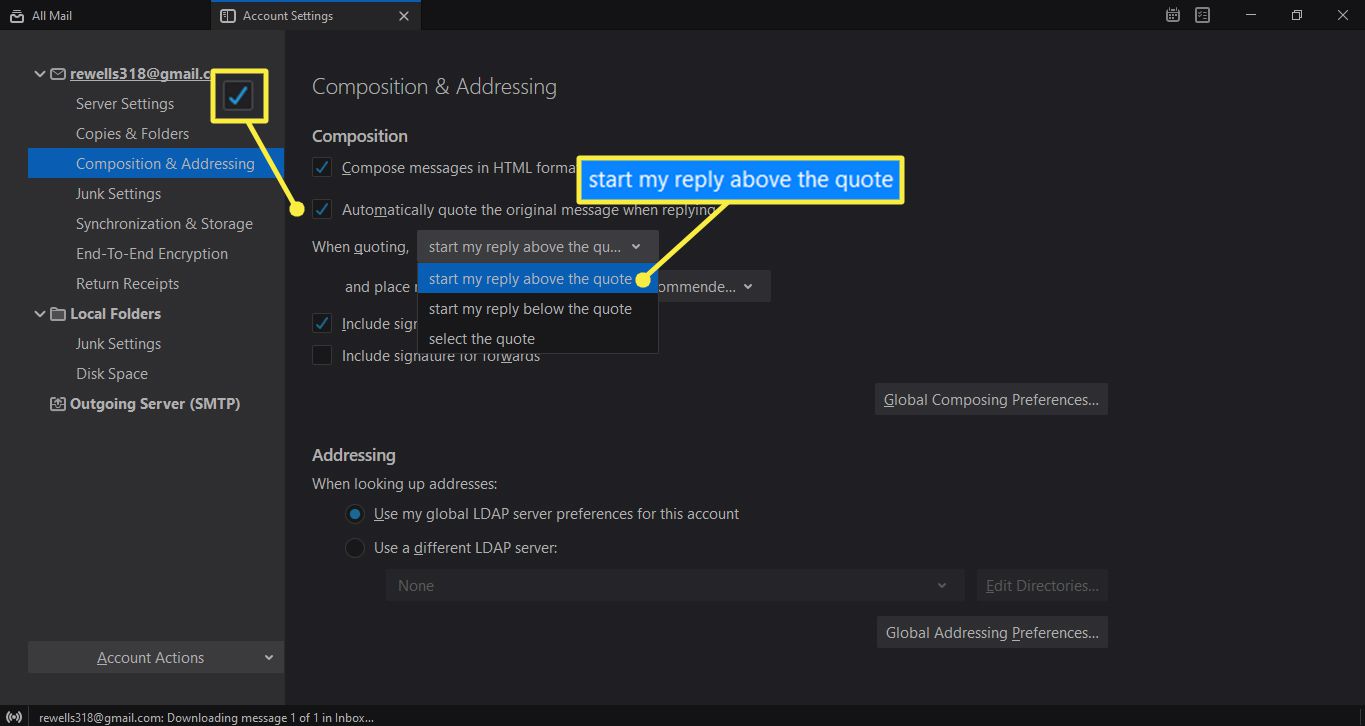 Automaticky citovat původní zprávu, když je zaškrtnuta odpověď, a spustit moji odpověď nad nabídku v Nastavení účtu Thunderbirdu