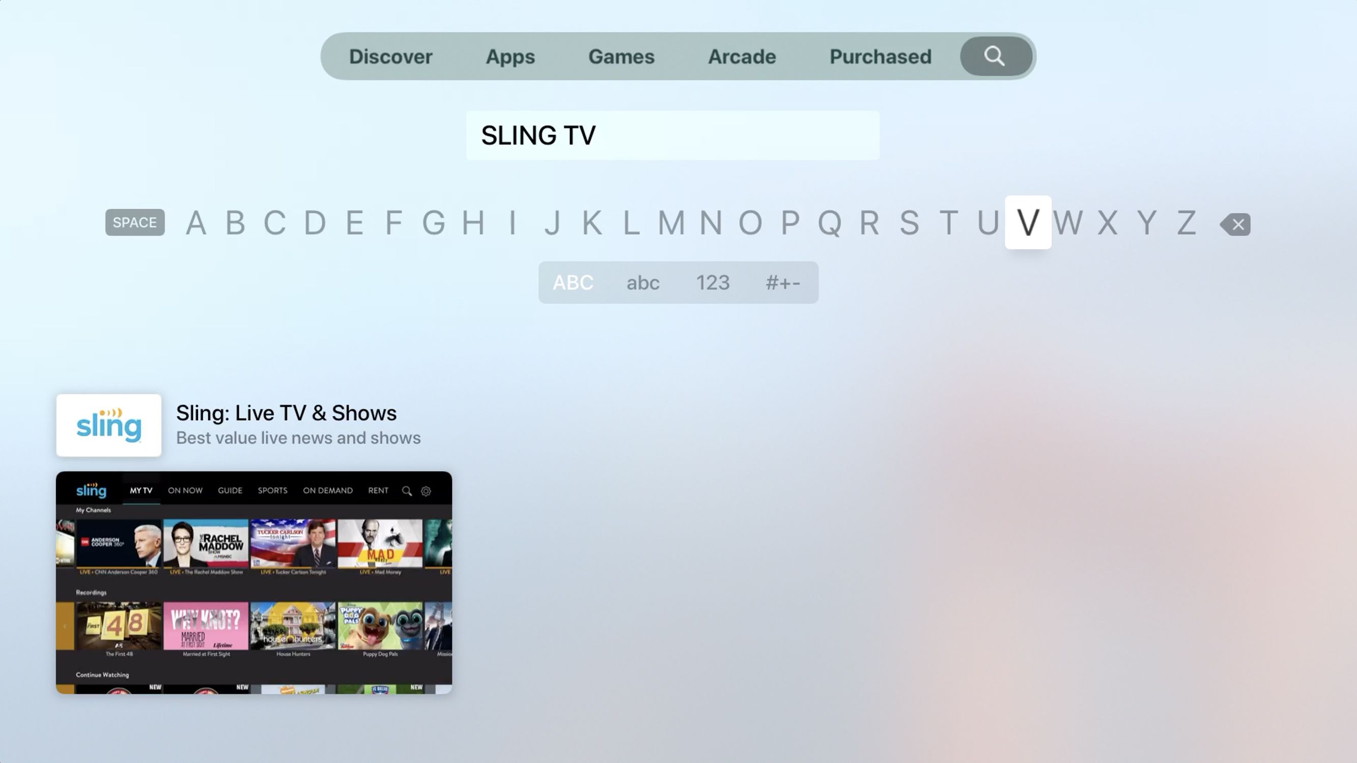 Screenshot výsledků hledání obchodu s aplikacemi Apple TV