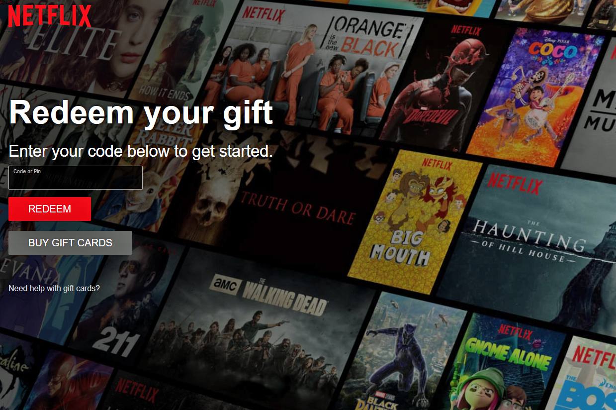 Screenshot obrazovky Netflix Gift Cards Uplatnit