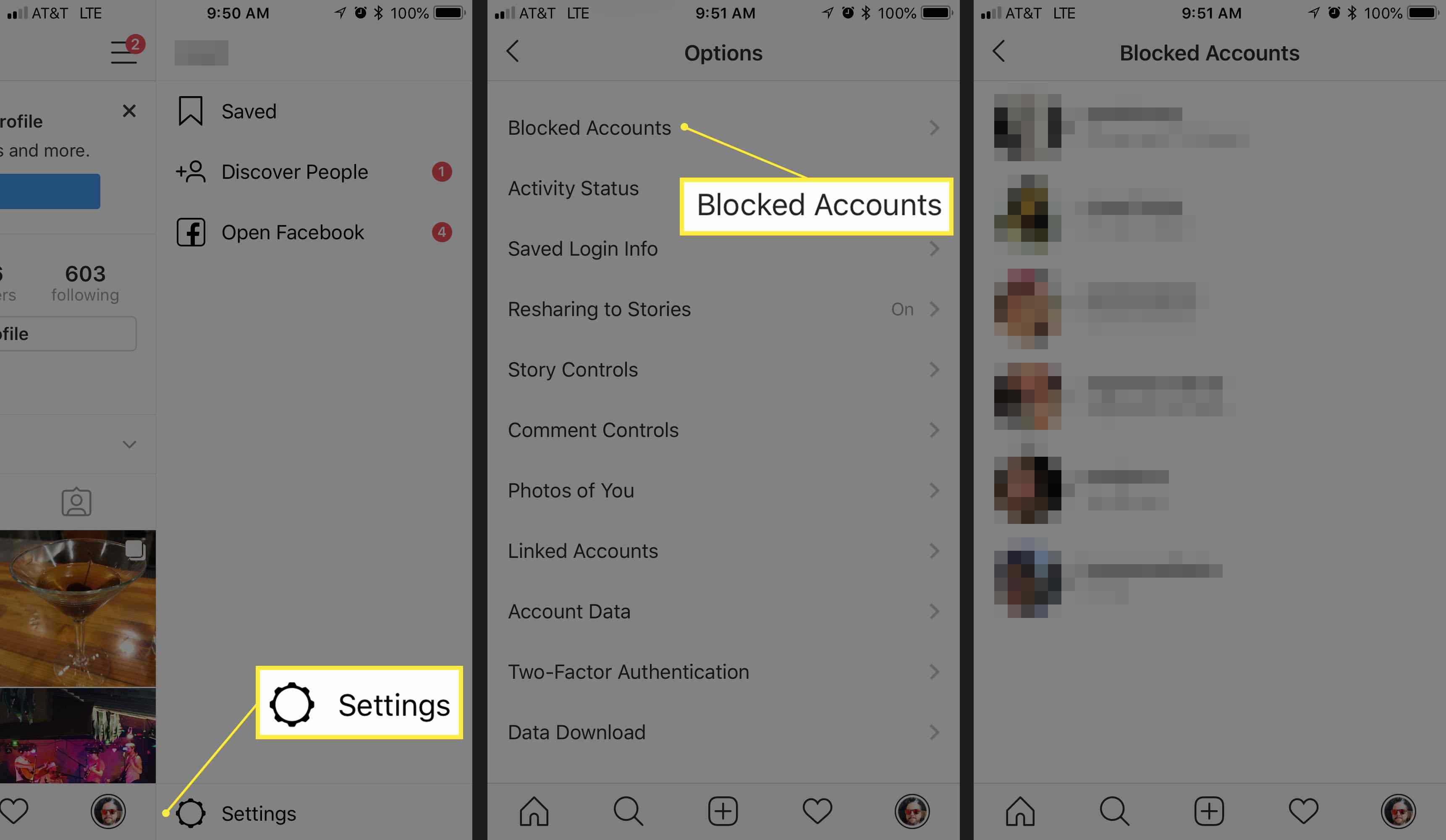 Rozhraní blokovaných účtů na Instagramu pro iOS