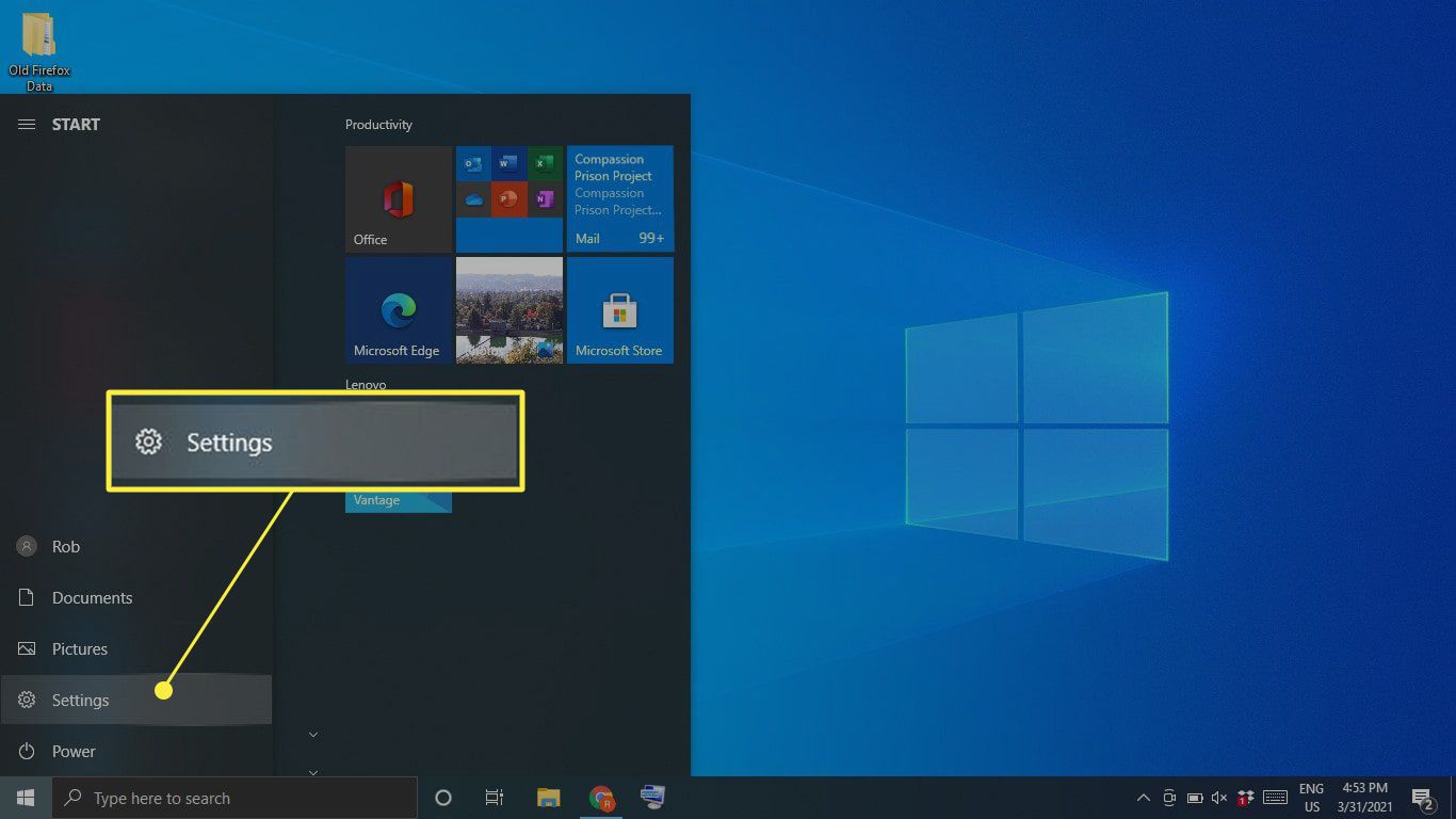 Nastavení zvýrazněné v nabídce Start systému Windows 10